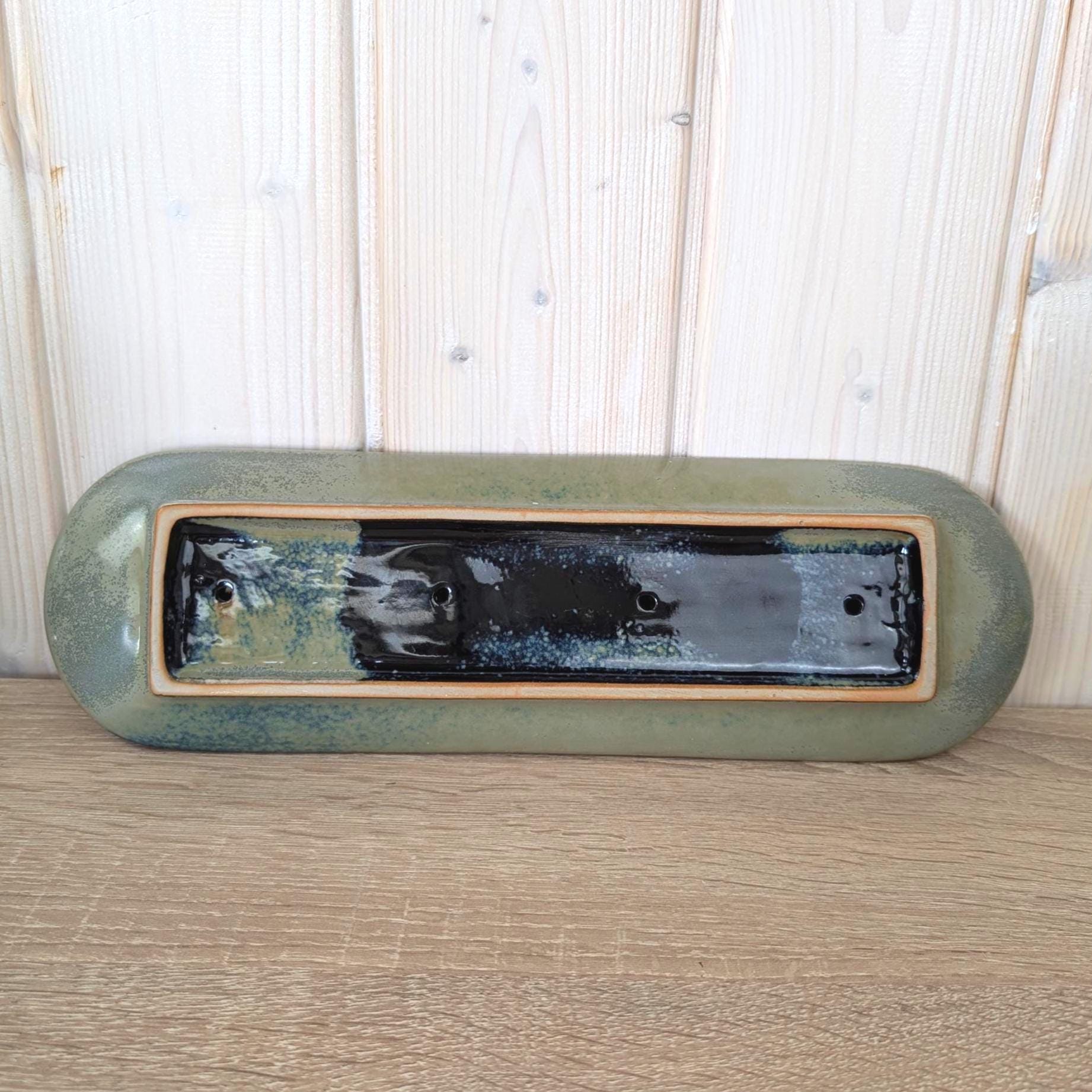 Ceramic Advent Candle Holder 4 Candles, Stoneware Tray Candleholder, Sage Green Reactive Glaze, Christmas Table Decor