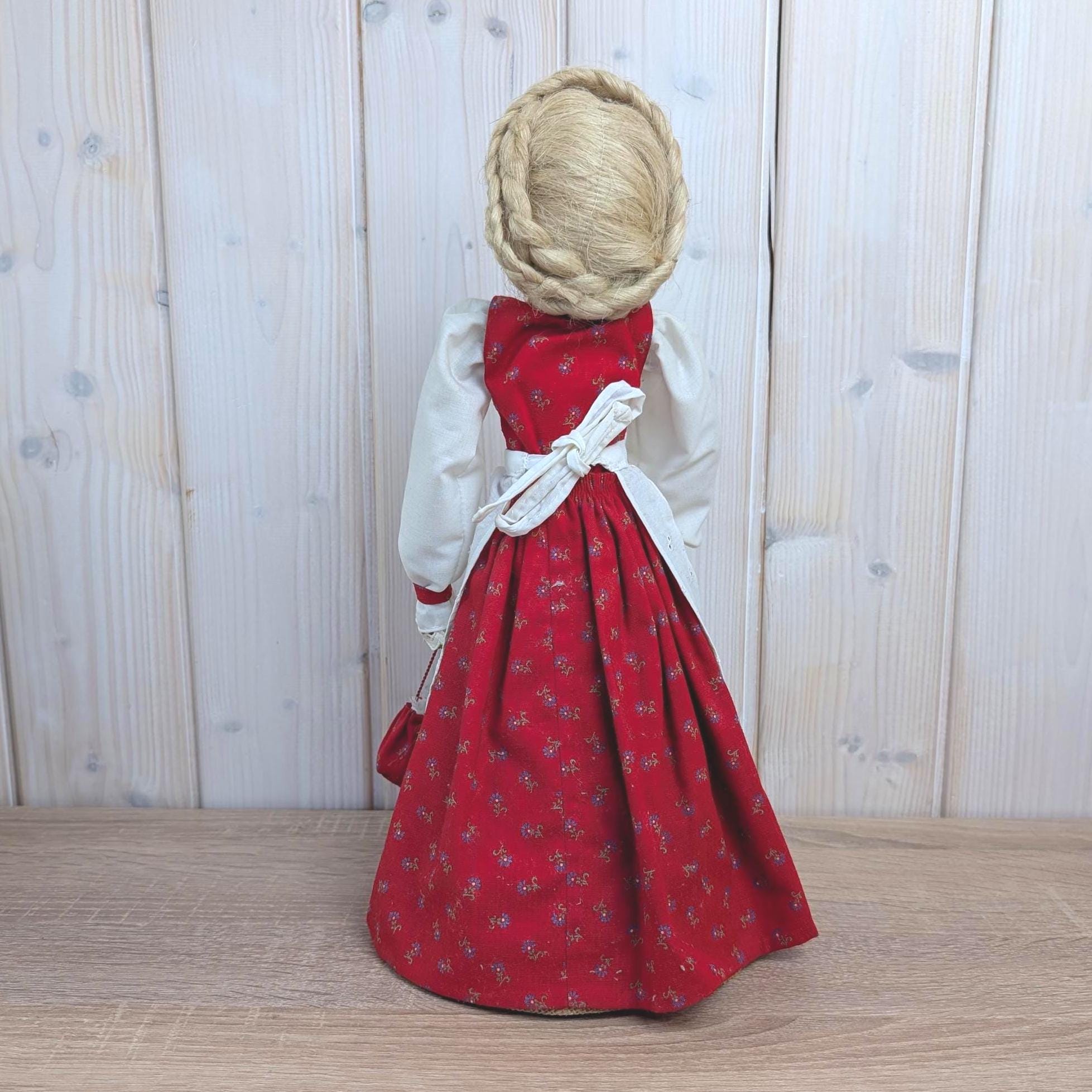 Vintage Folk Art Doll, Jute Cone Body, Red Floral Dress, Broderie Anglaise Apron, Braided Hair, 1960s, European Handmade Decorative Doll