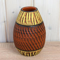 Akru Klinker 18-17 Vase West Germany, Mid Century Ceramic, Carved Geometric Decor Brown Yellow Pottery