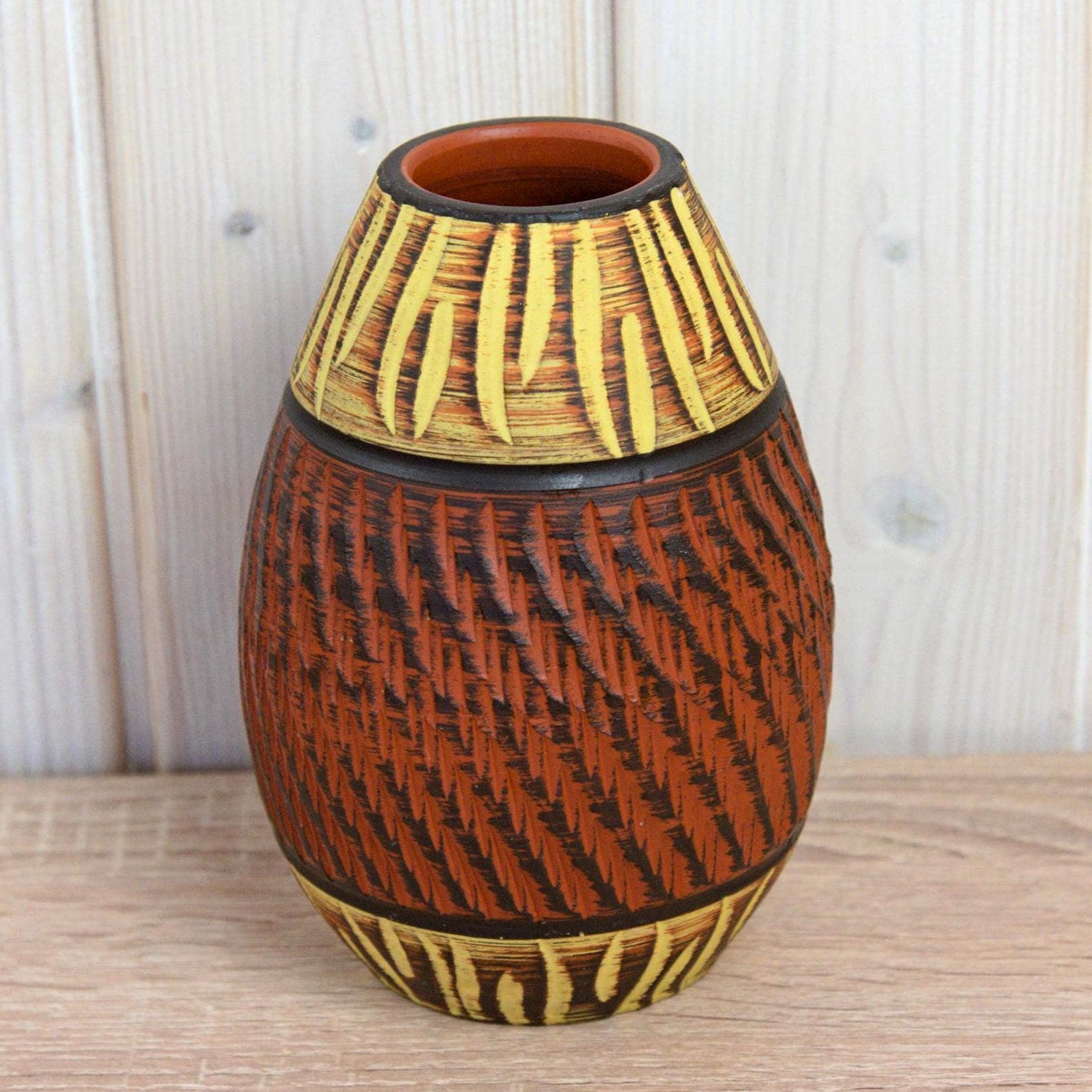Akru Klinker 18-17 Vase West Germany, Mid Century Ceramic, Carved Geometric Decor Brown Yellow Pottery