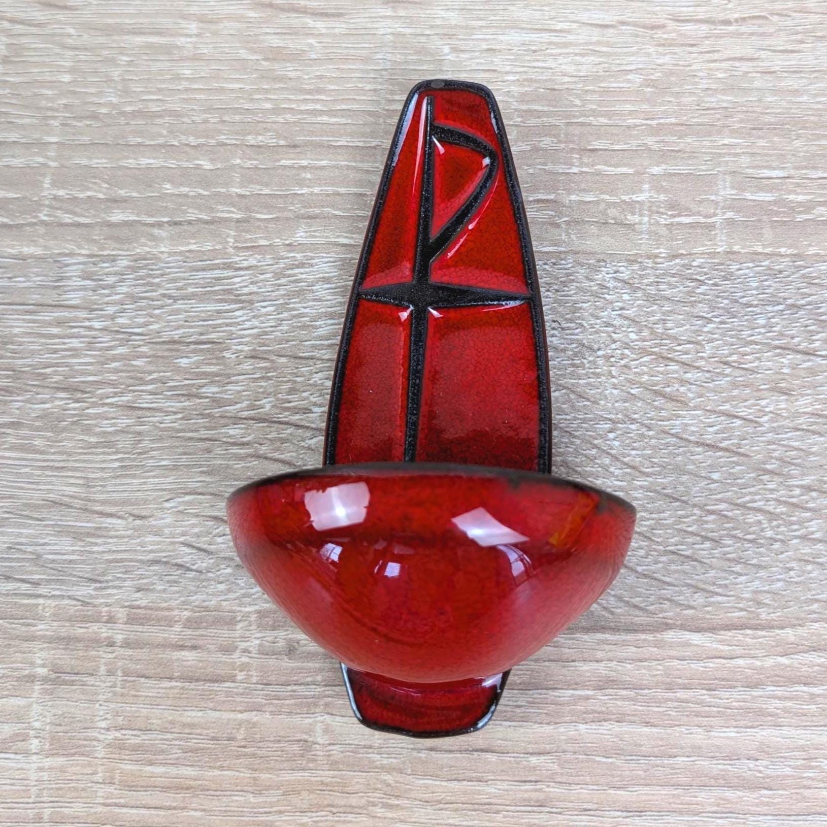 Majolika Karlsruhe Holy Water Font, Model 92, Red Black Ceramic, Chi Rho Wall Font, Midcentury Religious Decor, 1960s Vintage