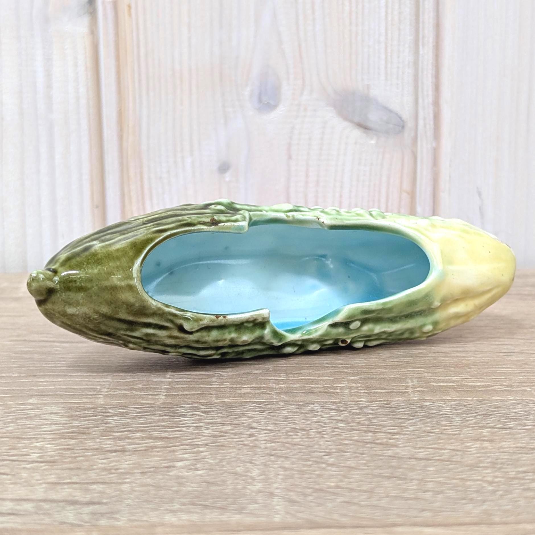 Majolica Cucumber Ashtray Trinket Dish Green Turquoise, 1950s