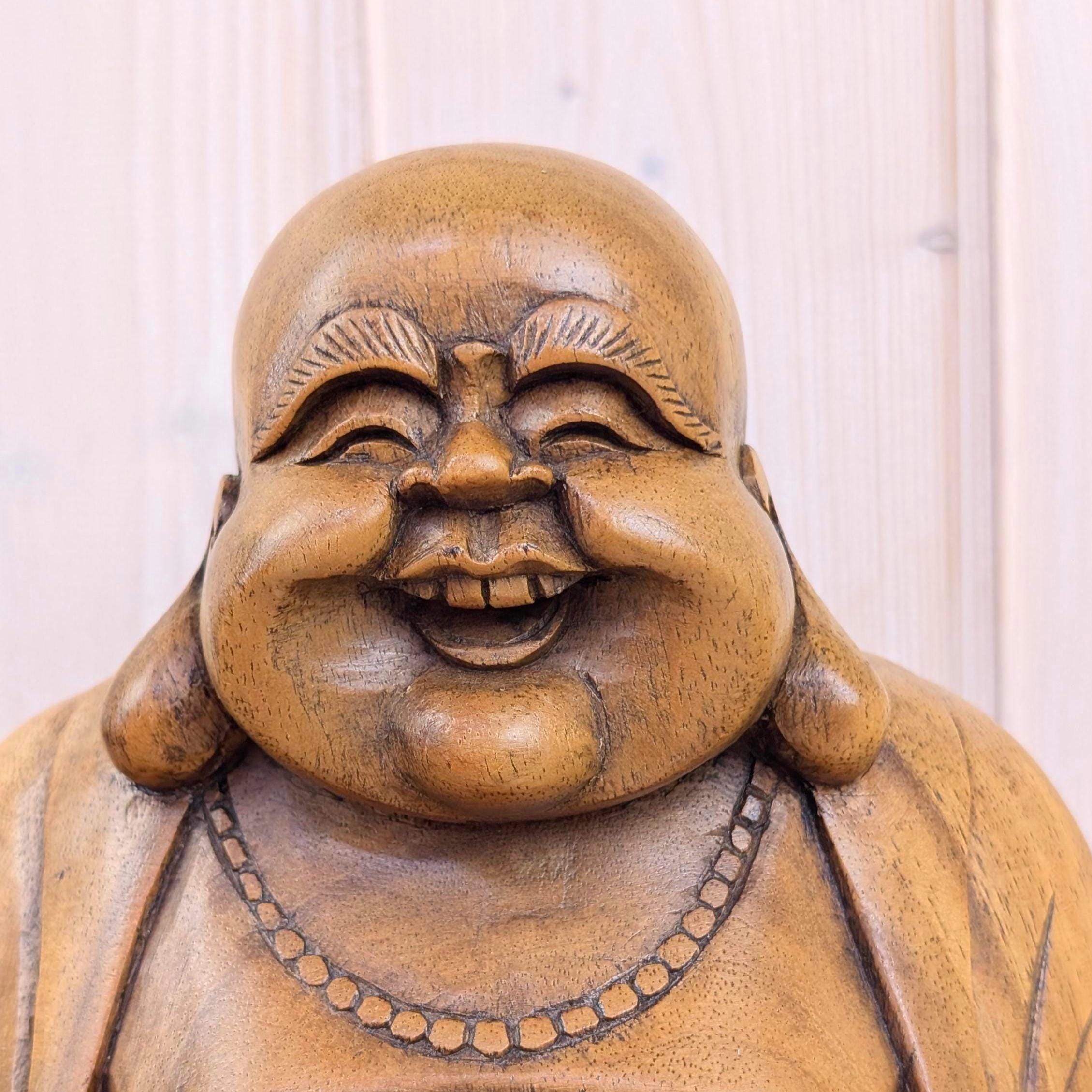 Laughing Buddha Statue Hand Carved Wood, Sitting Budai Figurine, Happiness Wealth Sculpture, Vintage Asian Folk Art, 1980s