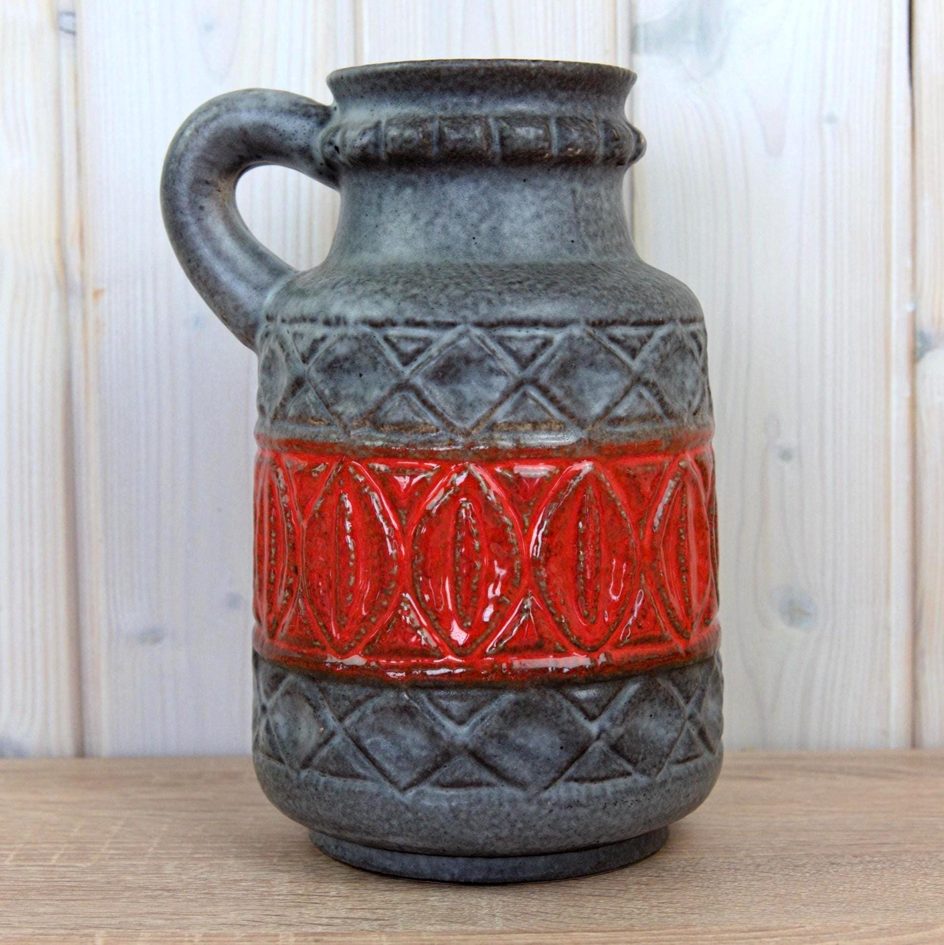 Bay Keramik 93-25 Vintage West German Pottery Jug, Mid Century Ceramic Pitcher Grey Red Relief Decor