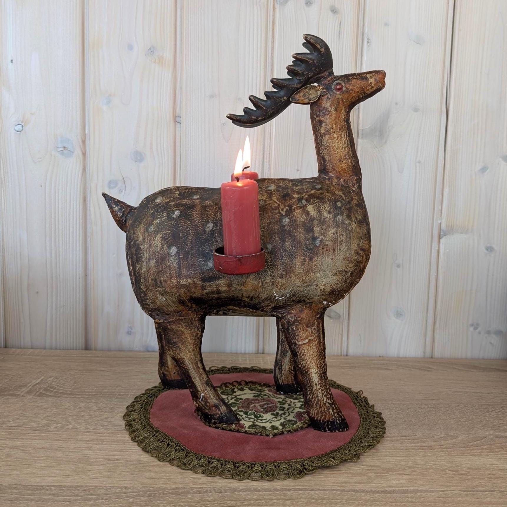 Vintage Folk Art Metal Deer Candle Holder, Hand Painted, Two Candles, European 1960s