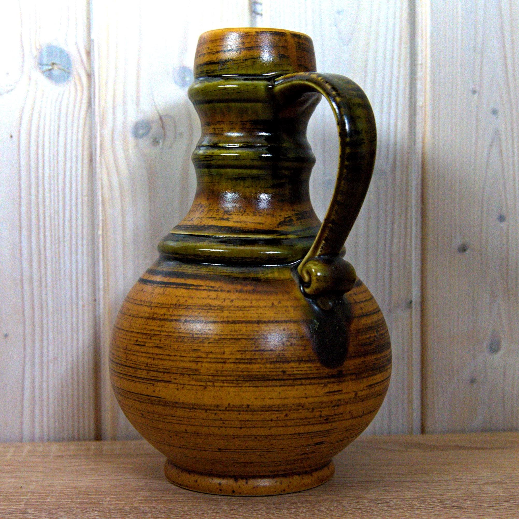 Jasba Ceramic Pitcher, Model 0781225, West German Pottery, Brown Green Glaze, Vintage 1970s