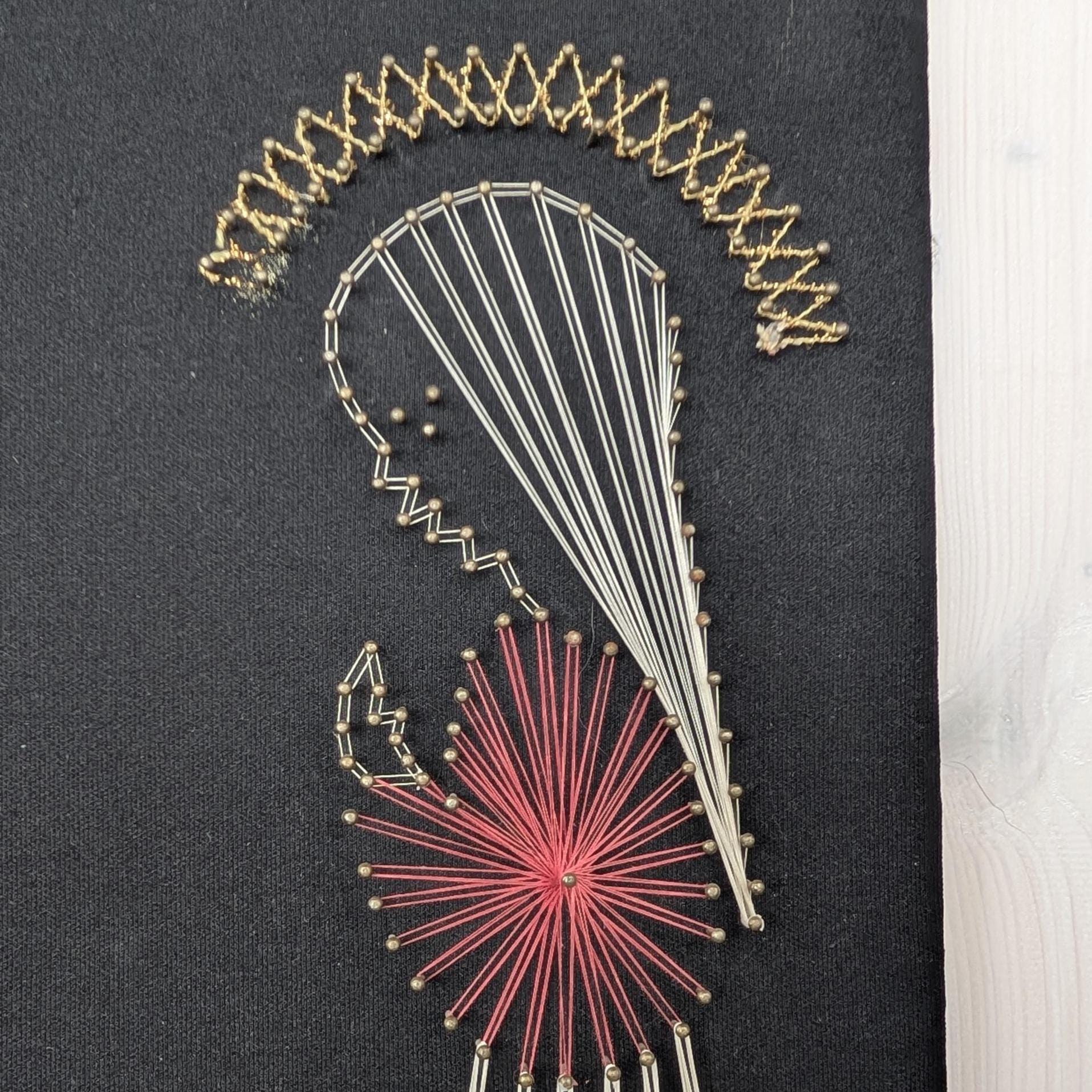 Vintage String Art Madonna with Candle, 1960s-1970s West German Wall Art, Black Velvet Religious Folk Art Panel, Gold Silver Red Thread