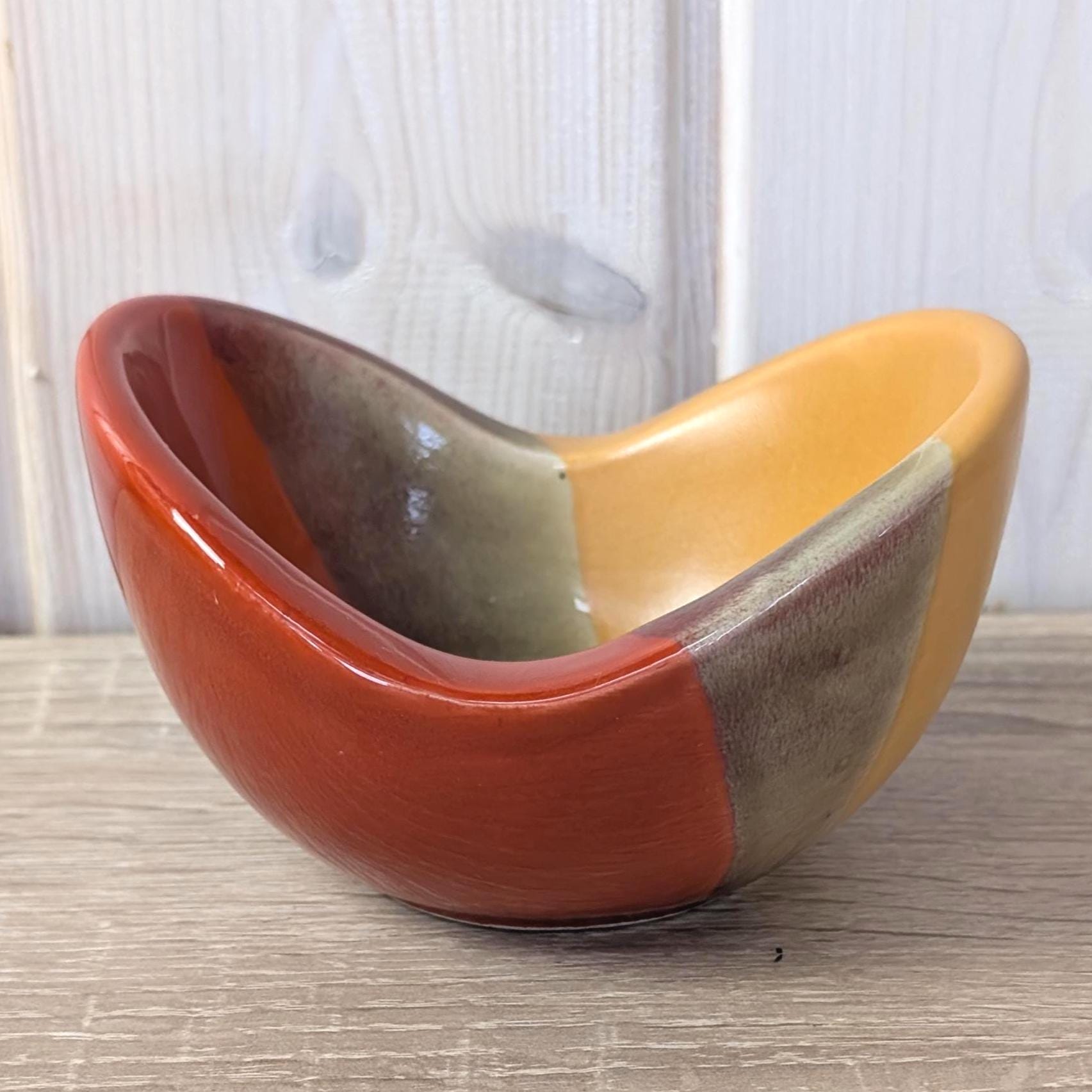 Vintage Italian Ceramic Bowl Bagni Italy 1960s, Mid Century Modern Glazed Pottery, Orange Red Yellow Striped Ashtray Trinket Dish