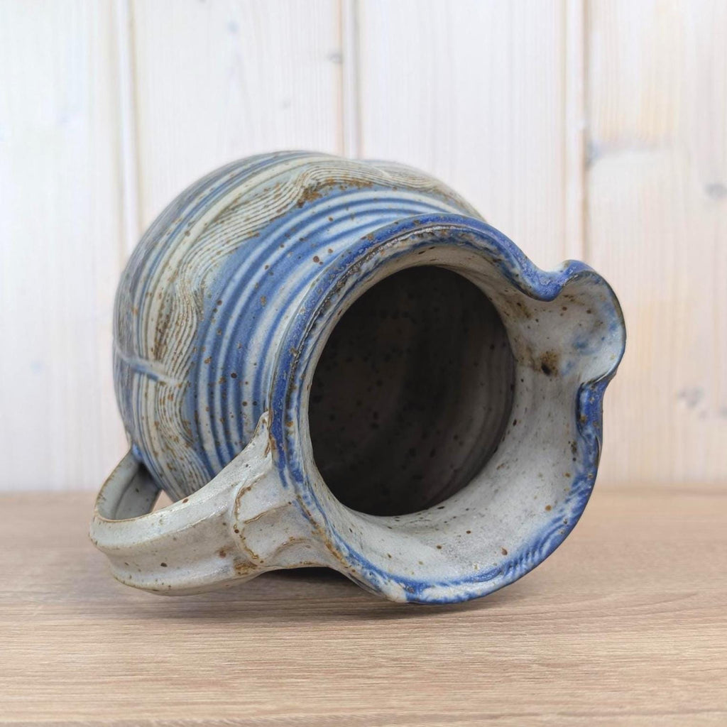 German Handarbeit Studio Pottery Jug, Blue Grey Combed Wave Decoration, Signed Stoneware Pitcher, 1970s
