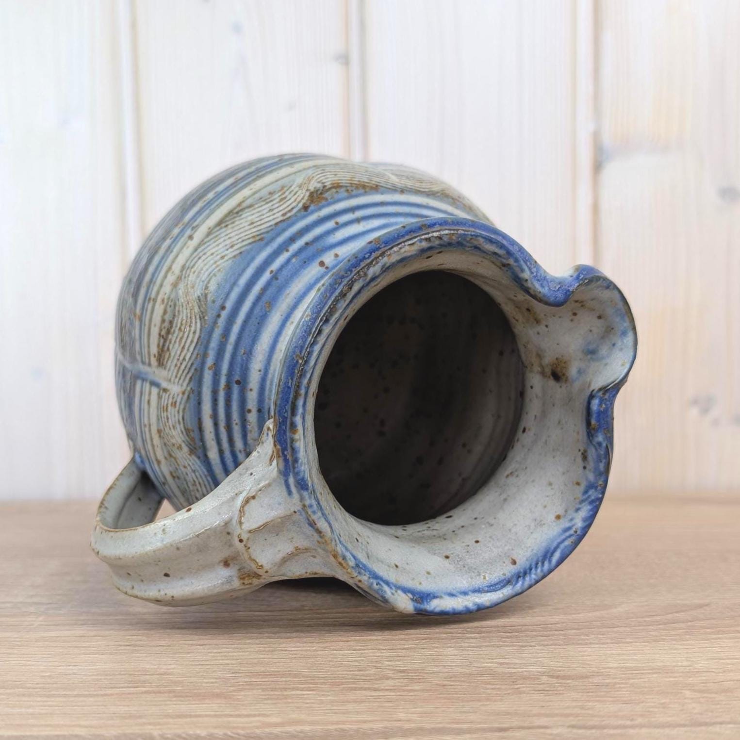 German Handarbeit Studio Pottery Jug, Blue Grey Combed Wave Decoration, Signed Stoneware Pitcher, 1970s