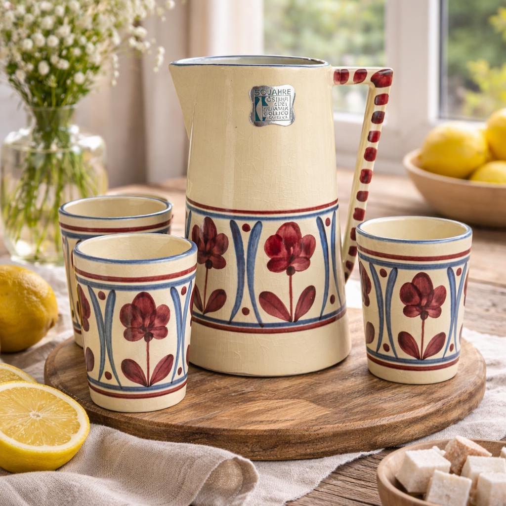 Vintage Gollico Austria ceramic pitcher set, hand painted floral design, 1960s pottery