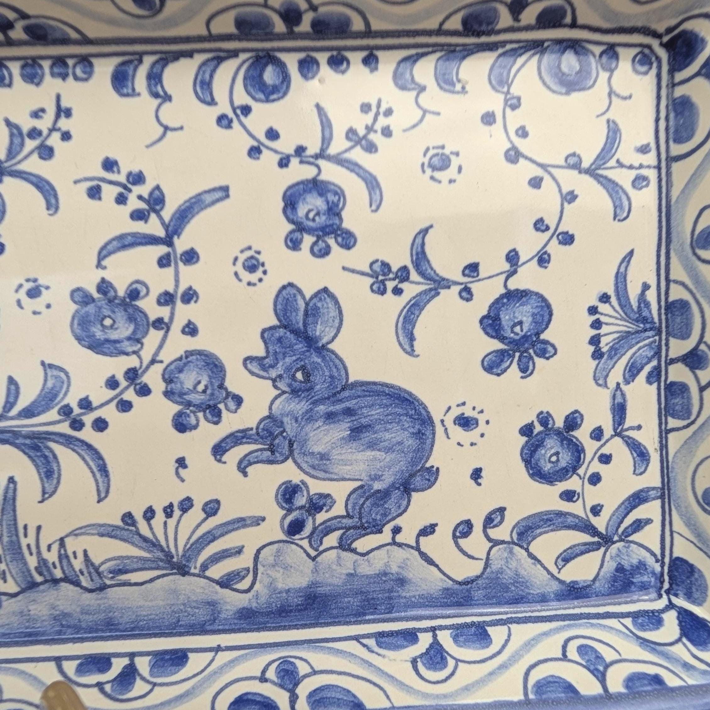 Figcer Portugal Blue White Ceramic Tray, Hand Painted Birds Flowers, Zona de Conimbrica, 1970s
