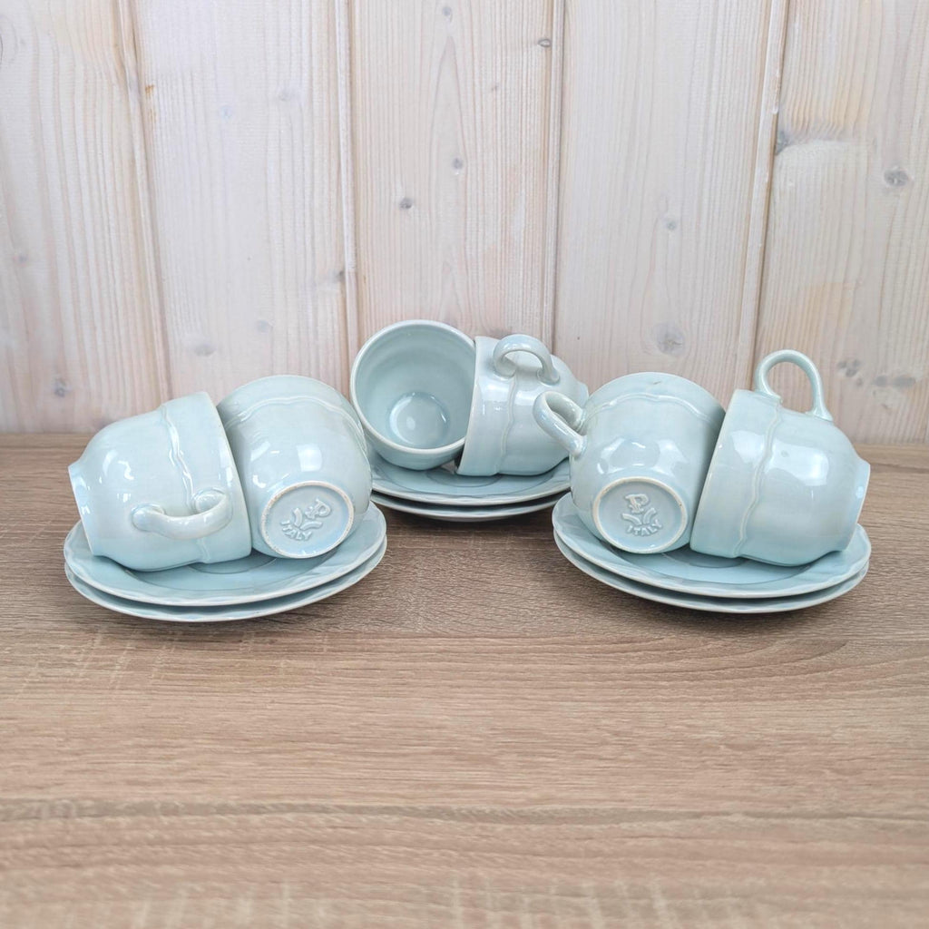 Pagnossin Italy Cup and Saucer Set of 6, Celadon Mint Green, Treviso Italian Pottery, 1960s Vintage Tableware