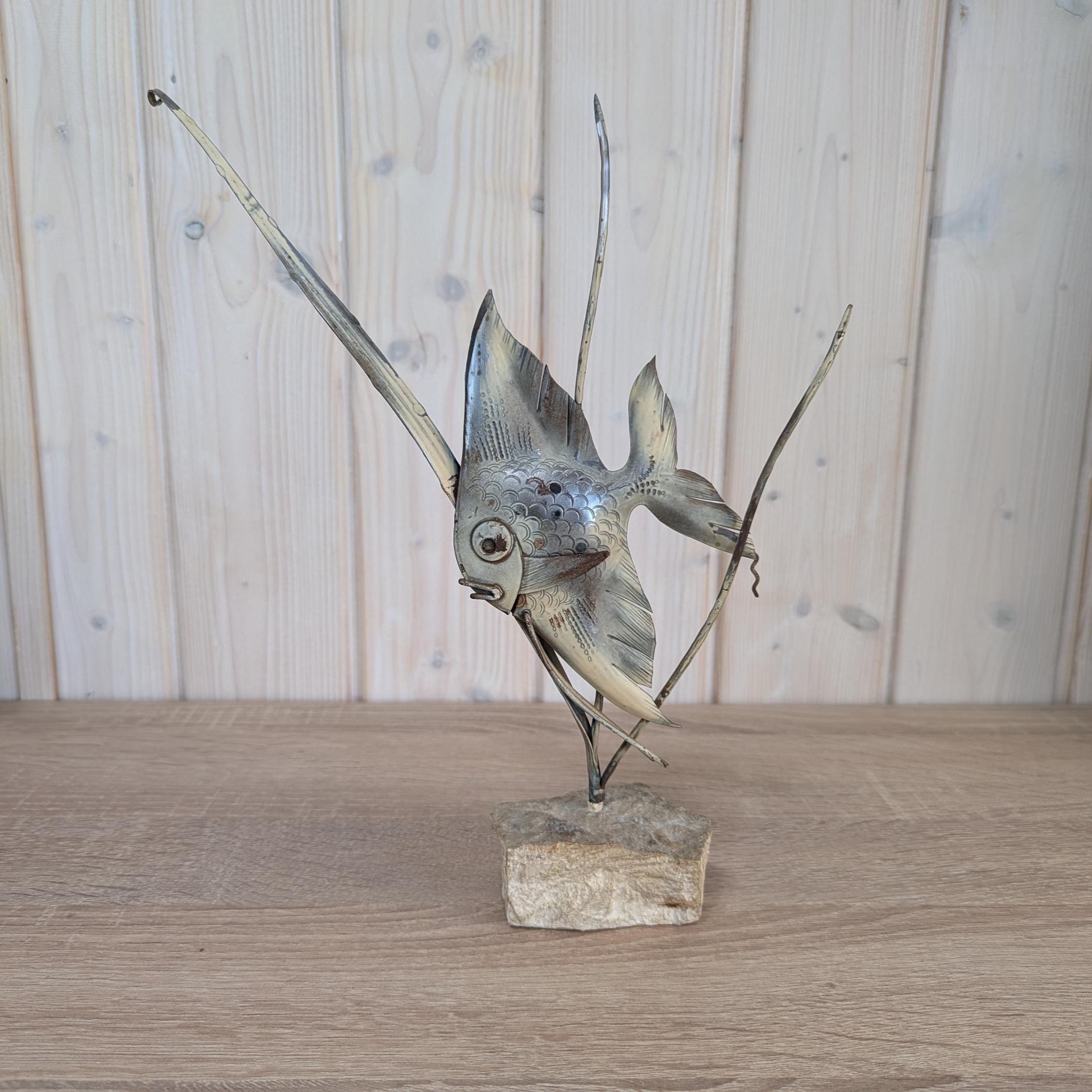 Sculpture (Moon)Fish on Stone - Vintage - Metal