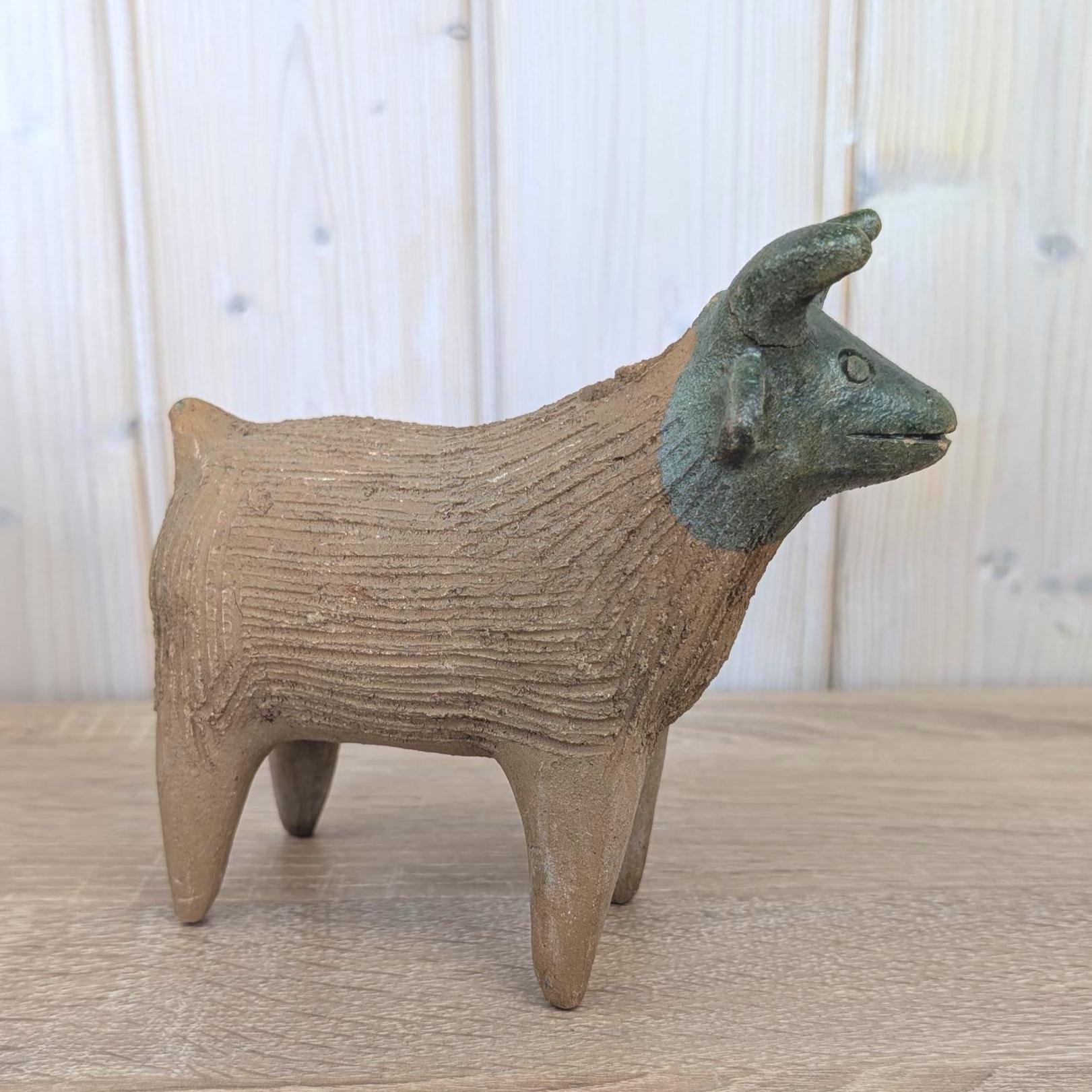 Vintage Mexican Pottery Goat Figurine, Folk Art Bull Terracotta Sculpture, Handmade Mexico, 1960s