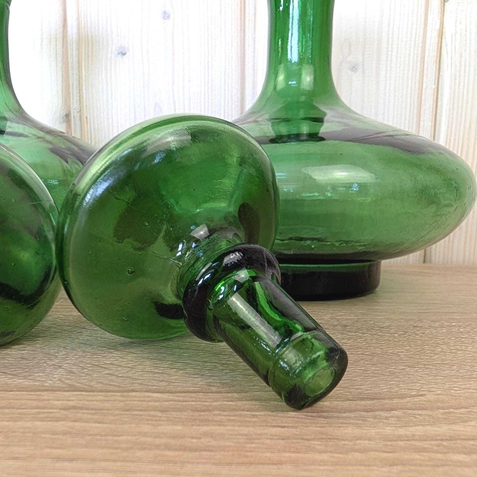 Empoli Green Glass Decanter Set with Stoppers and Wicker Basket Carrier, Italy 1960s