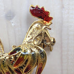 Vintage 800 Silver Enamel Rooster Brooch 1960s, Gold Plated Filigree Cockerel Pin Red Green Enamel