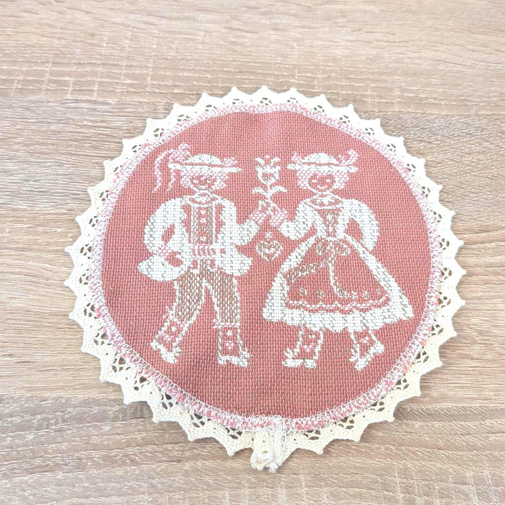 Vintage Alpine Folk Costume Doily Set, Linen Lace Coasters Tracht Couple, Austrian German Folk Art, 1960s