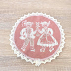 Vintage Alpine Folk Costume Doily Set, Linen Lace Coasters Tracht Couple, Austrian German Folk Art, 1960s