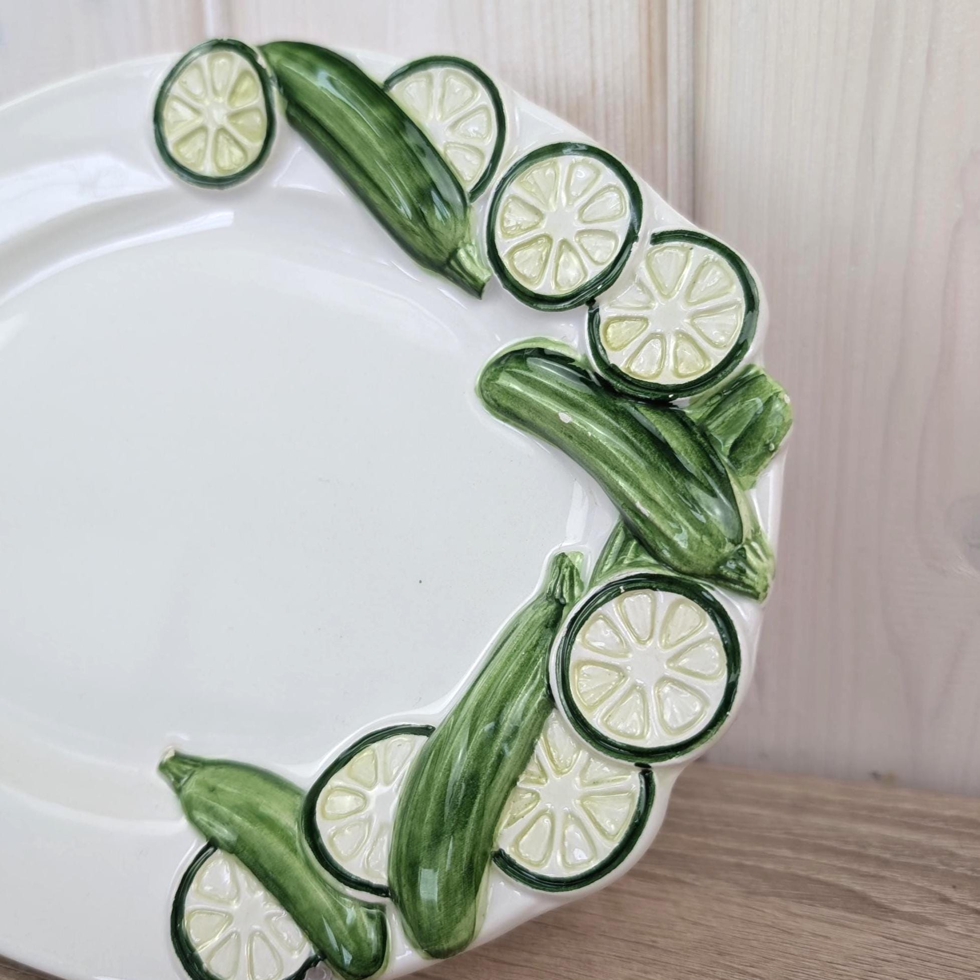 Vintage Italian Ceramic Plates Bassano Italy 1970s, Oval Majolica Serving Plates 3D Zucchini Relief Border, EW774 Trompe l'Oeil
