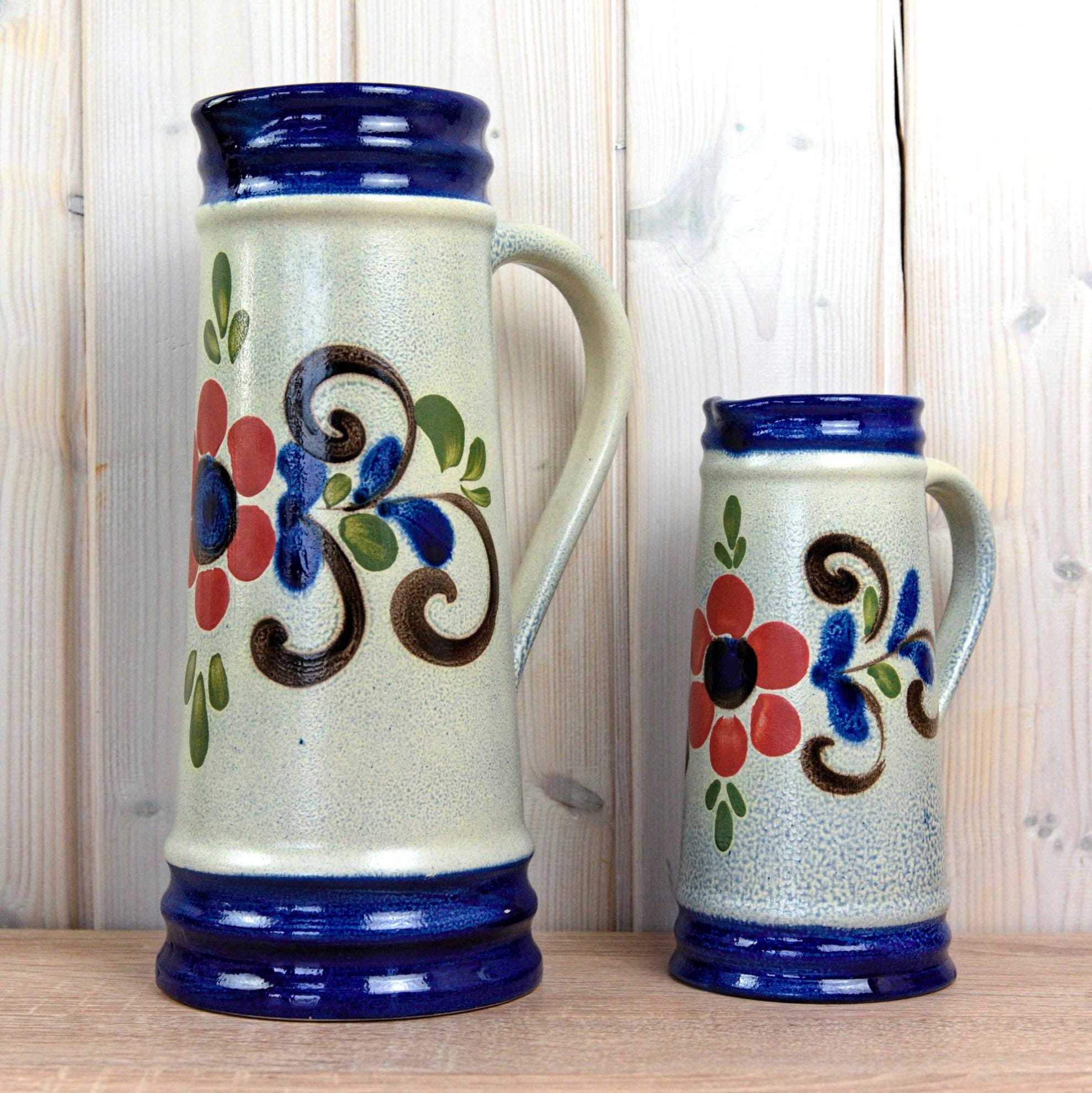 Knödgen 2560 Vintage Ceramic Jug Set West Germany, Floral Pottery Pitchers Blue Red Decor, Mid Century Kitchen Decor
