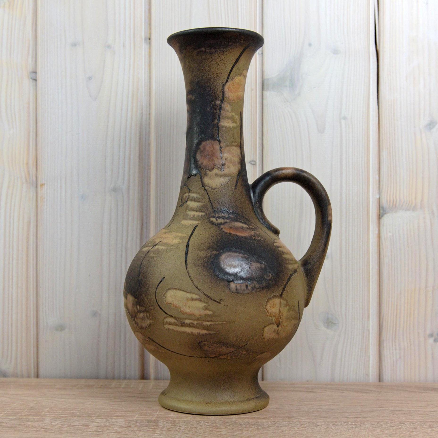 Ruscha K-35 Vintage West German Pottery Vase, Mid Century Ceramic with Handle Brown Beige Glaze