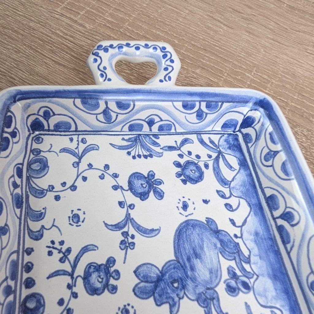 Figcer Portugal Blue White Ceramic Tray, Hand Painted Birds Flowers, Zona de Conimbrica, 1970s