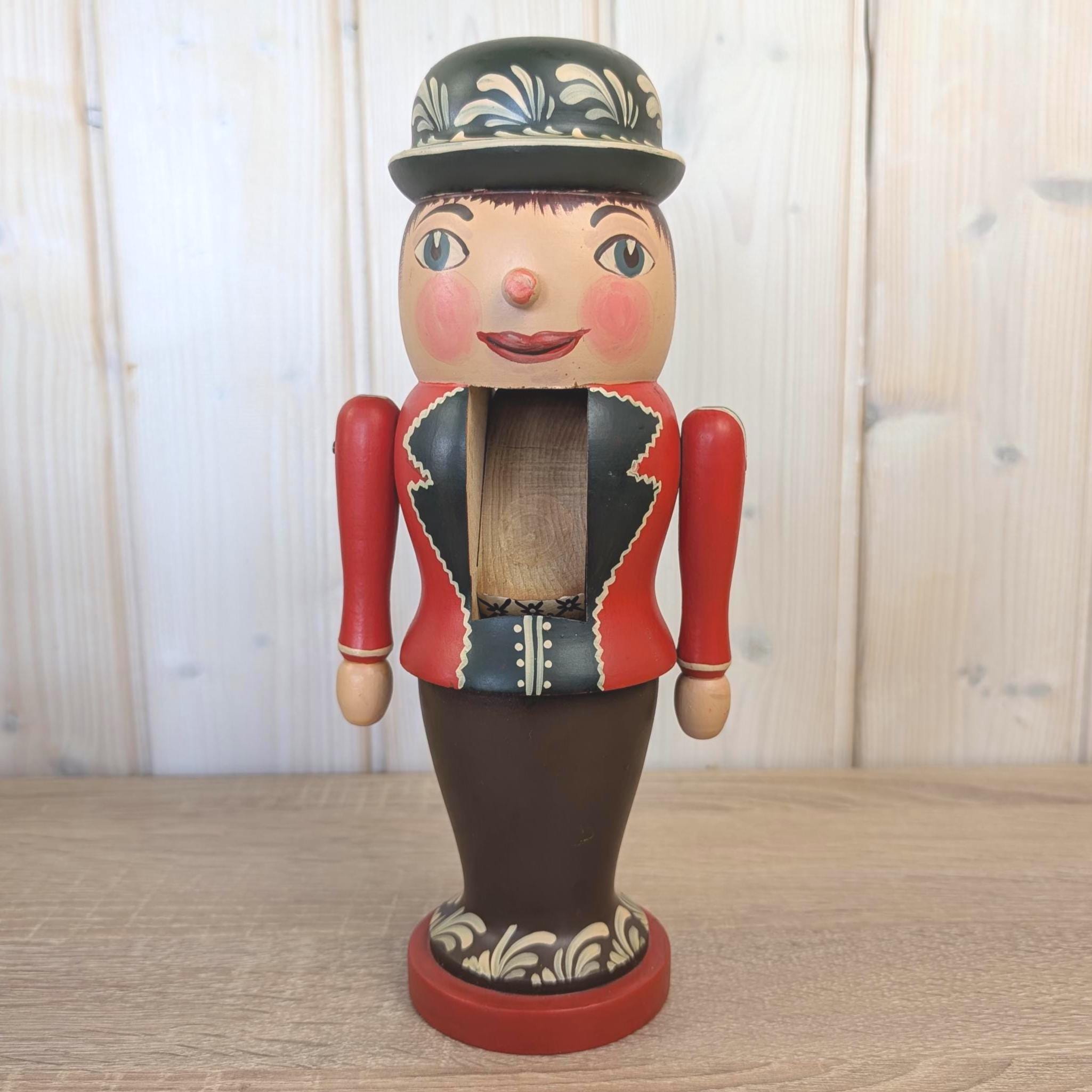 Erzgebirge Nutcracker, Hand Painted Wood Folk Art, Red, East German, Vintage 1970s