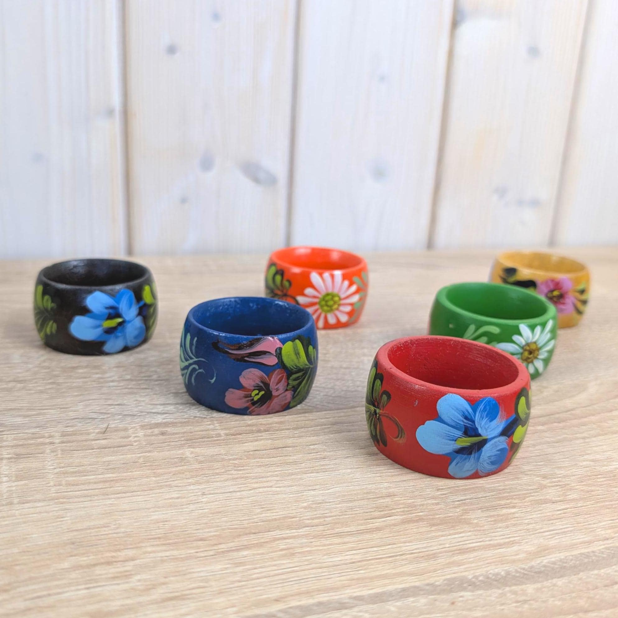 Set of 6 Hand Painted Wooden Napkin Rings, Folk Art Floral, Eastern European Vintage, 1970s