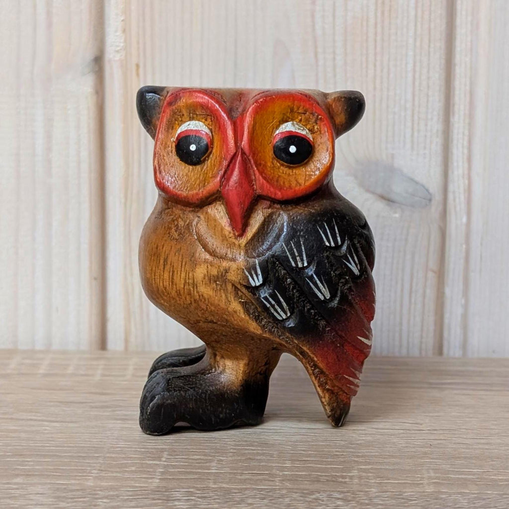 Hand Carved Wooden Owl Figurine, Painted Folk Art Sculpture, Wall Hanging, Vintage 1960s