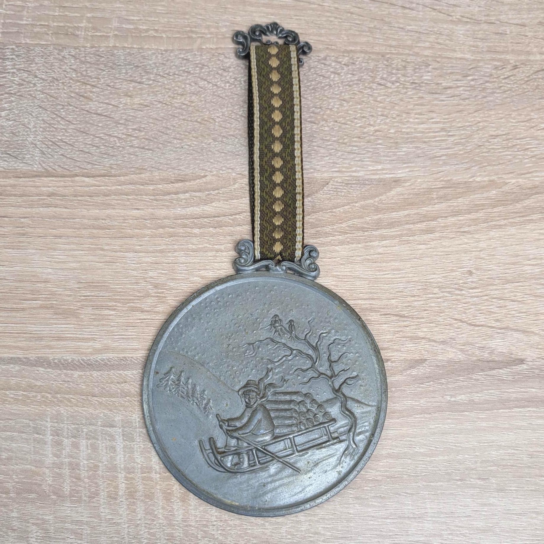 German Pewter Wall Medallions Set of 4, Four Seasons Folk Art, Zinn Embossed Plaques with Ribbon Hanger, Vintage 1960s 1970s