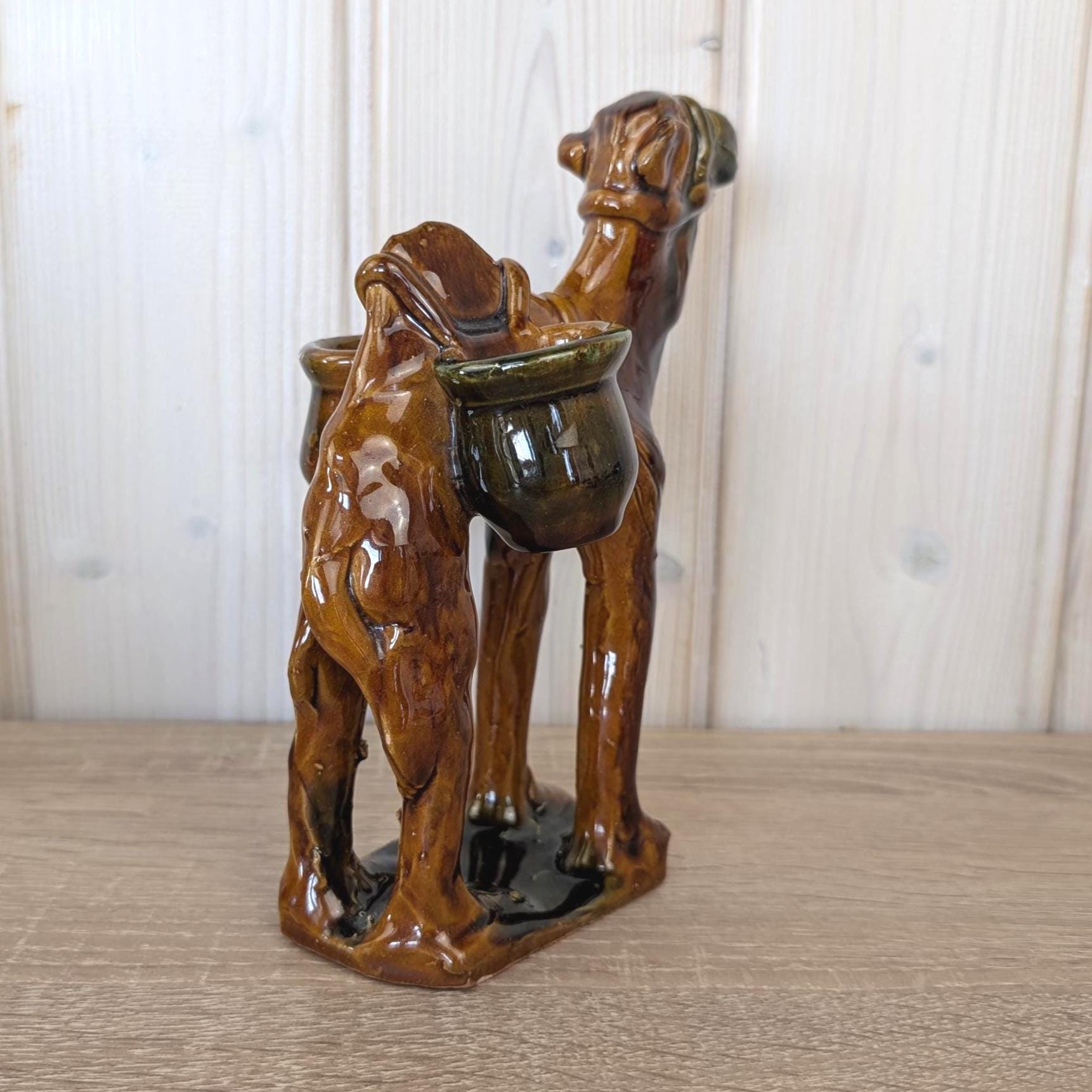 Vintage Italian Earthenware Dromedary Figurine, Glazed Terracotta with Panniers, 1950s