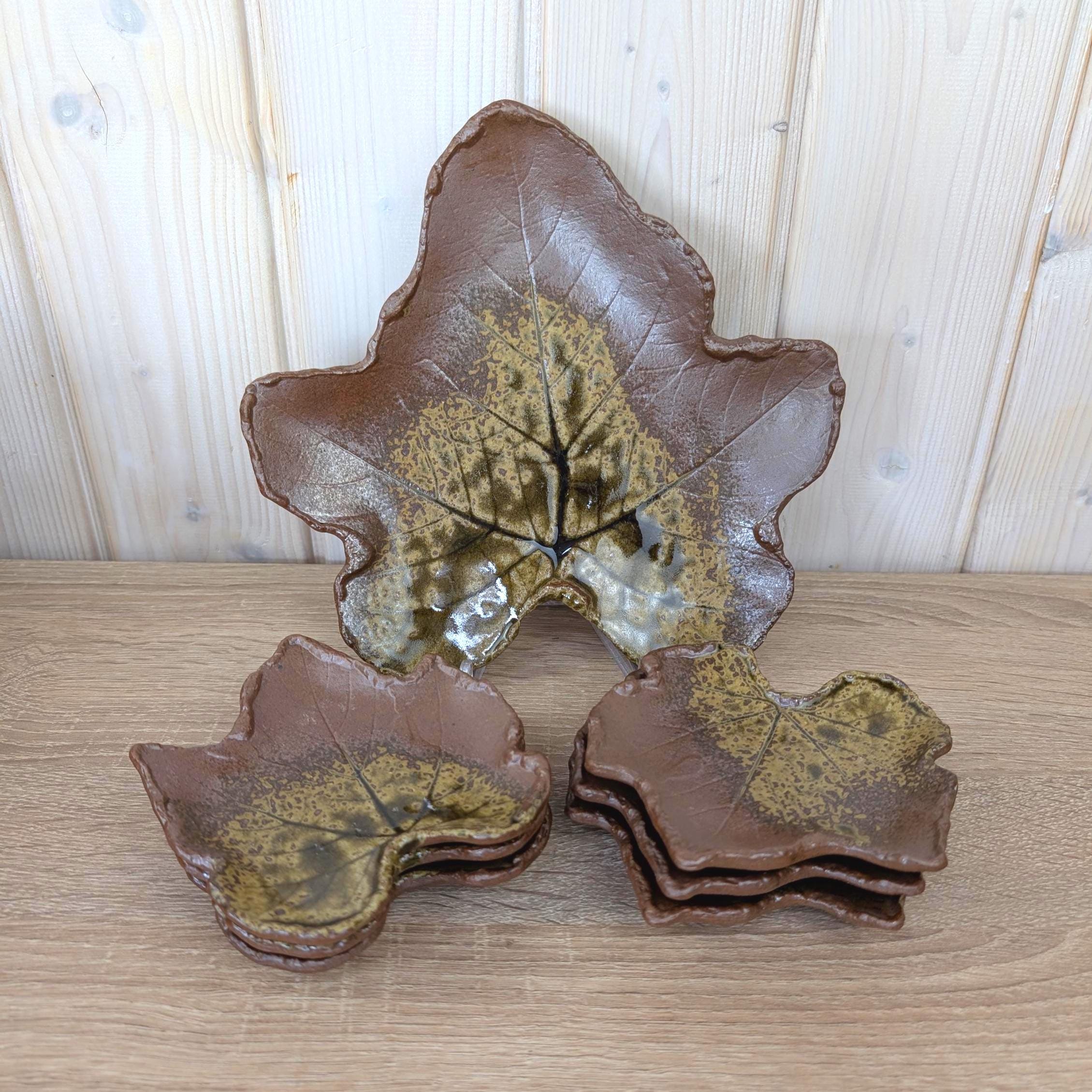 Vintage Ceramic Leaf Dish Set, Studio Pottery, 1970s Nature Inspired Serving Set