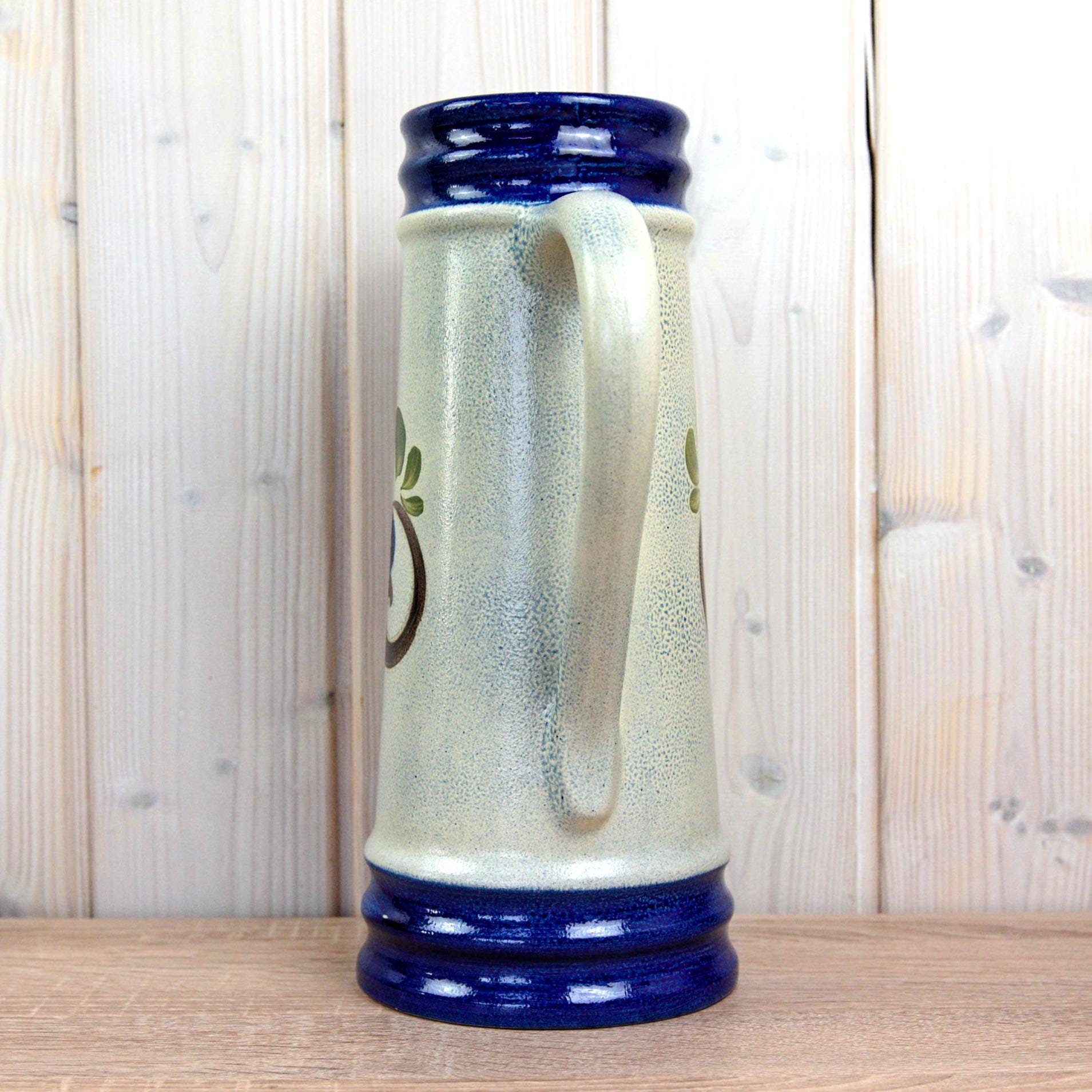 Knödgen 2560 Vintage Ceramic Jug Set West Germany, Floral Pottery Pitchers Blue Red Decor, Mid Century Kitchen Decor