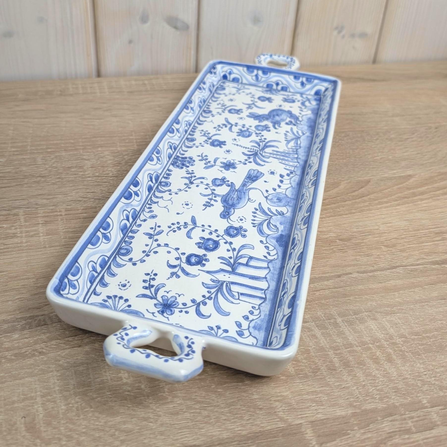 Figcer Portugal Blue White Ceramic Tray, Hand Painted Birds Flowers, Zona de Conimbrica, 1970s