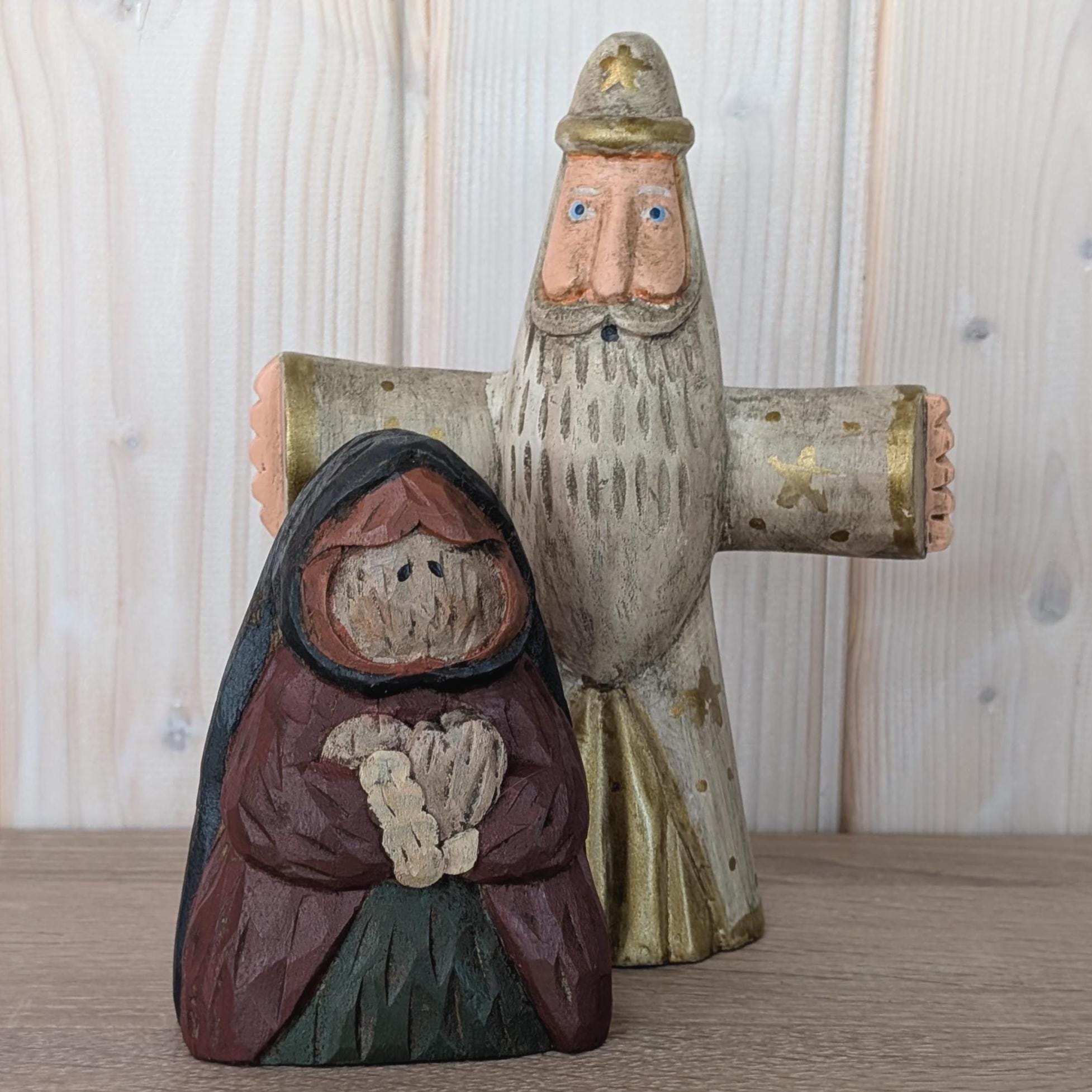 Hand-Carved Wooden Christmas Figures Set, Scandinavian Folk Art Style, Vintage 1970s Nativity Couple, Rustic Holiday Decor