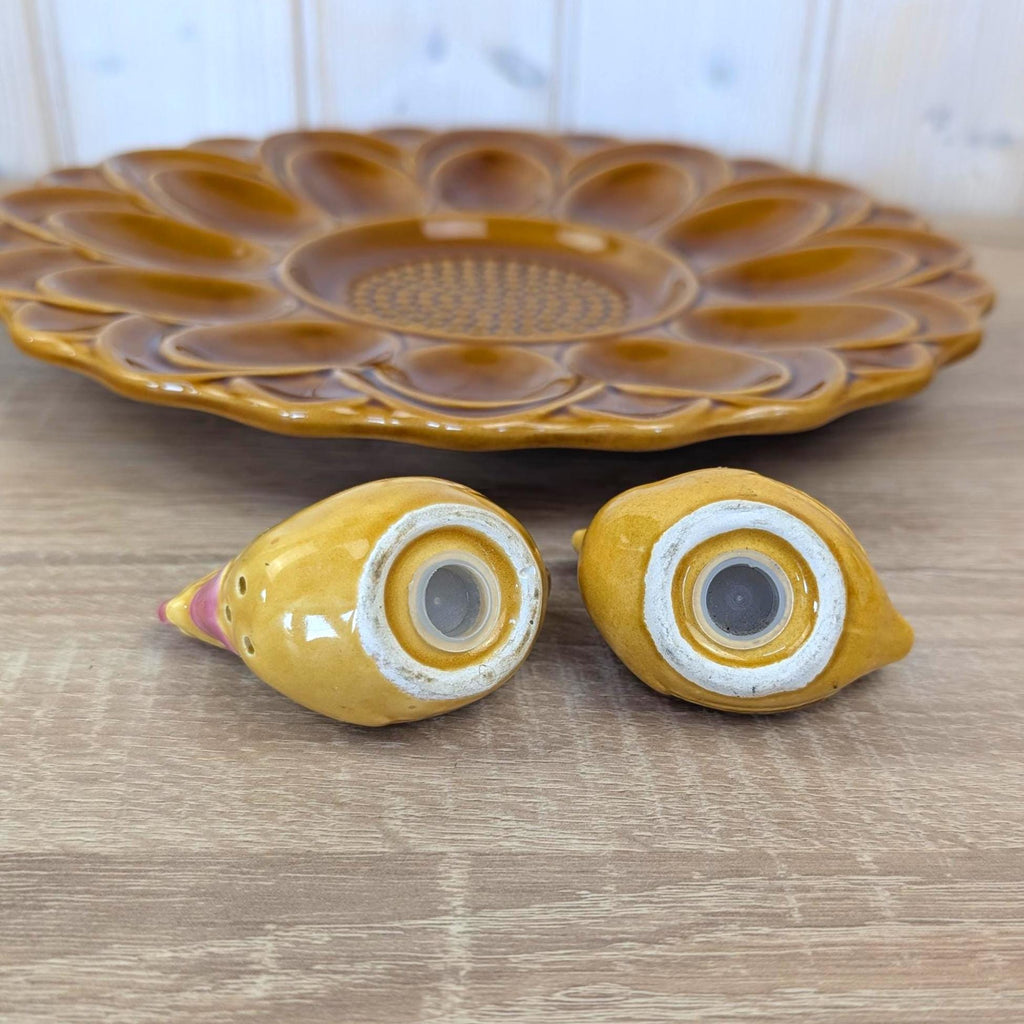 Hollóháza Hungary Egg Plate with Rooster Salt & Pepper Shakers, Amber Glaze, 1960s