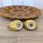 Hollóháza Hungary Egg Plate with Rooster Salt & Pepper Shakers, Amber Glaze, 1960s