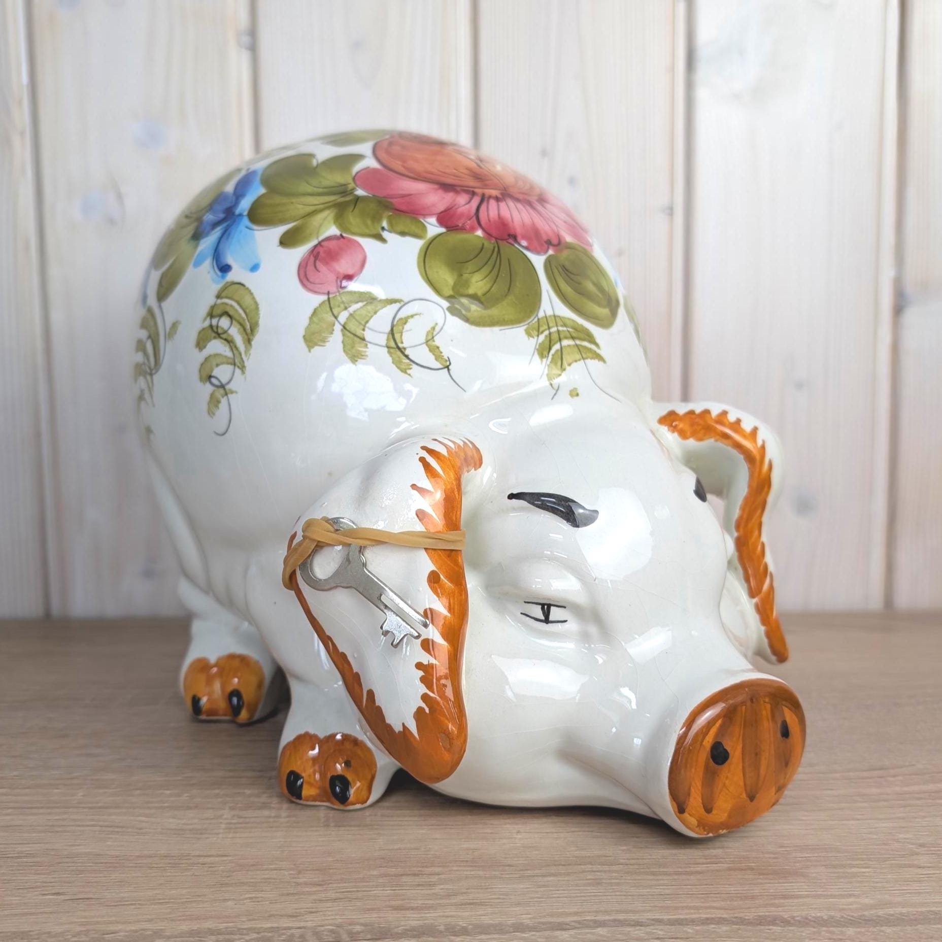 Kirsch Keramik Piggy Bank, Hand Painted Floral Ceramic, Coin Bank with Lock and Key, West German, 1960s