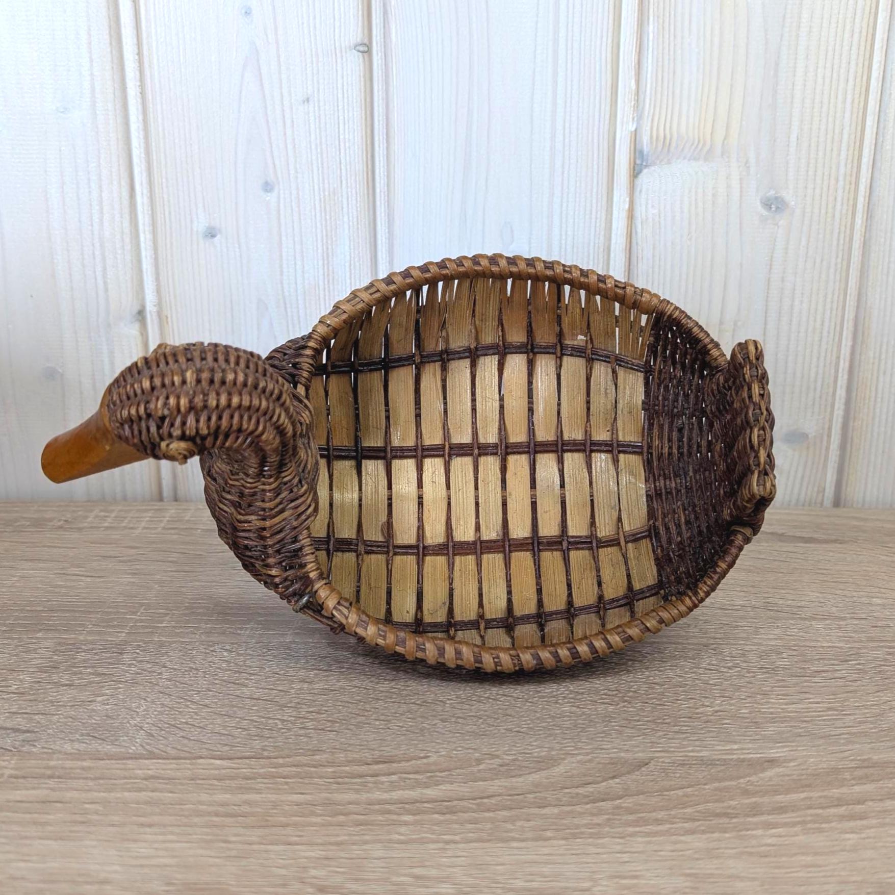 Vintage Wicker Duck Basket, Rattan Animal Figure Bowl, Folk Art Bread Fruit Tray, 1970s