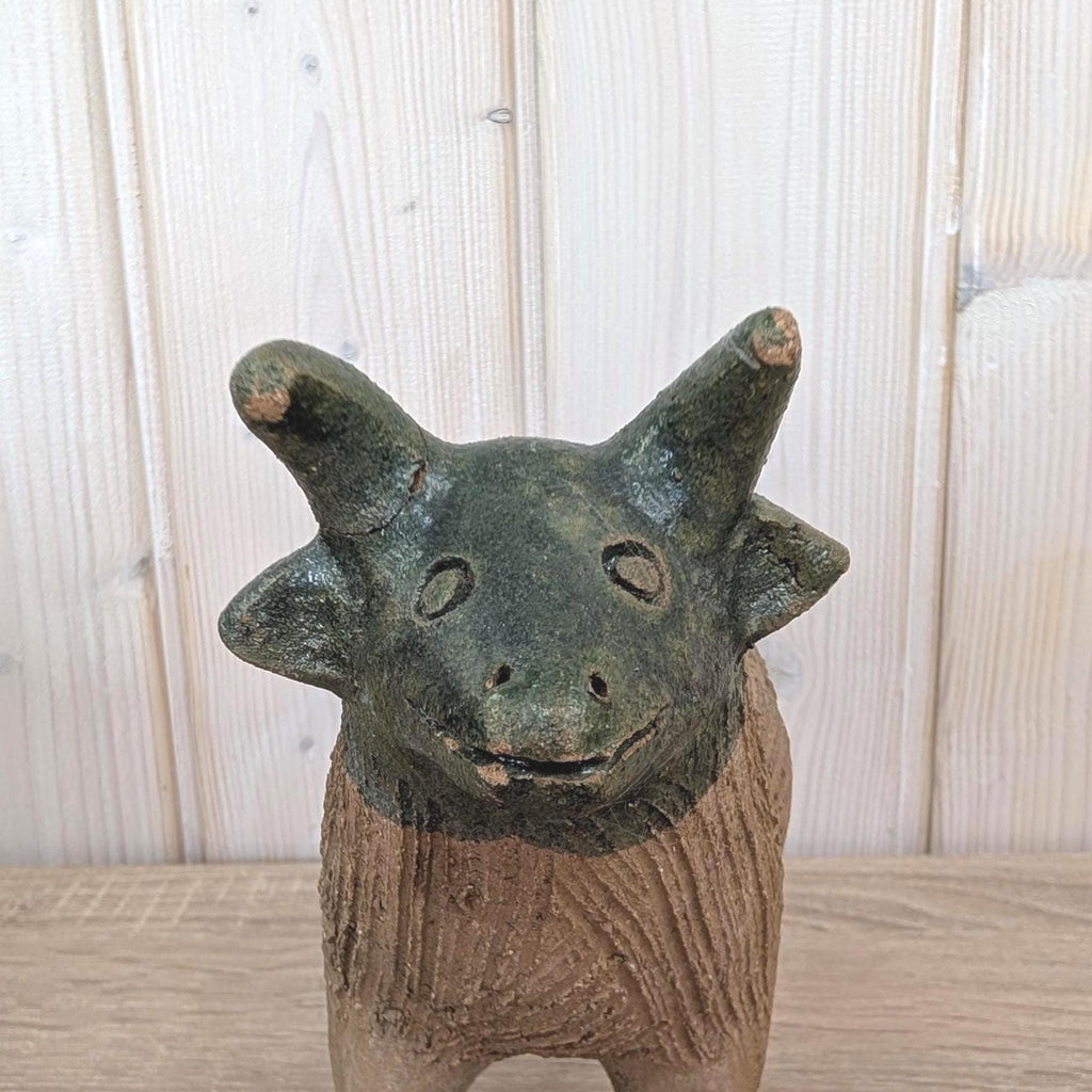 Vintage Mexican Pottery Goat Figurine, Folk Art Bull Terracotta Sculpture, Handmade Mexico, 1960s