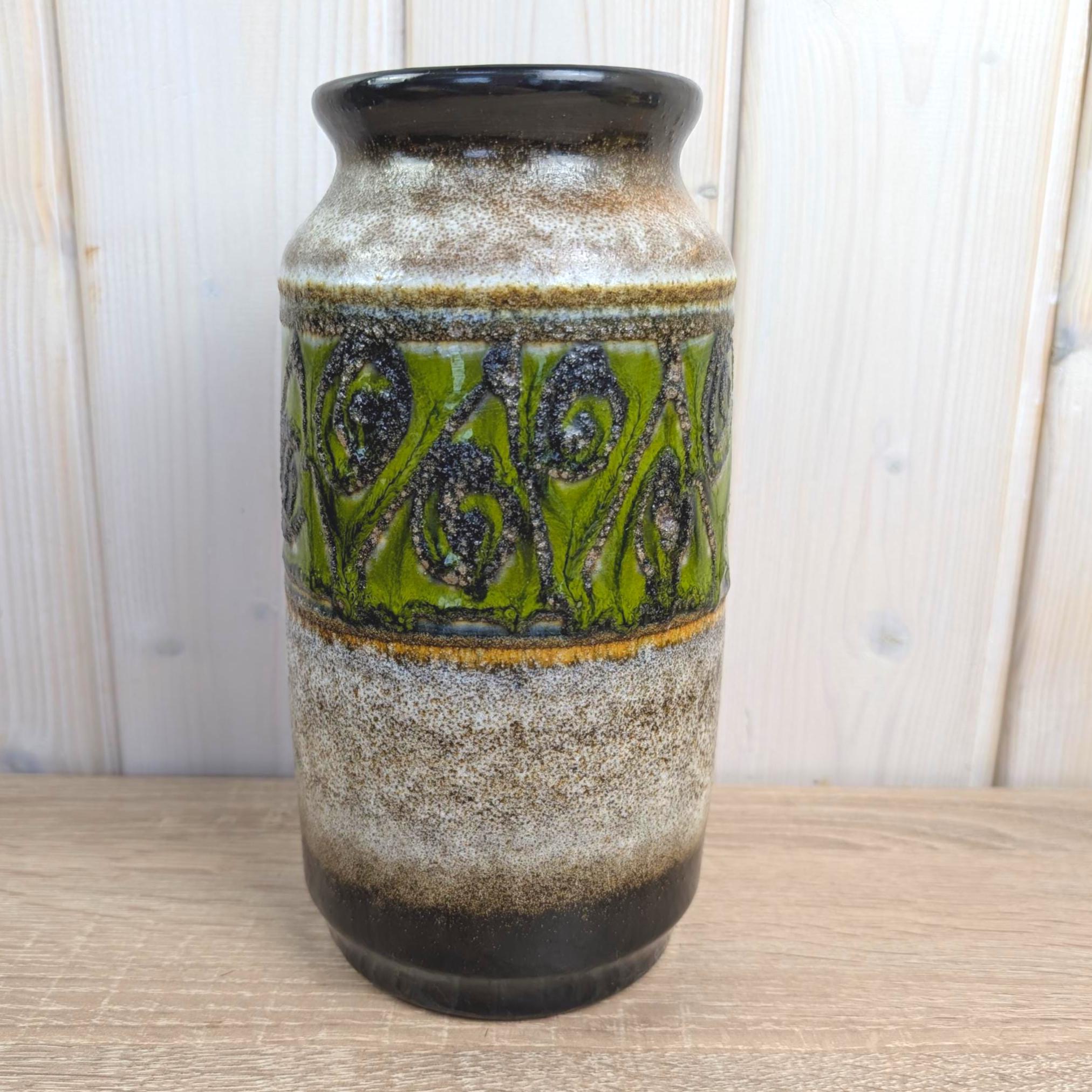 Jasba 905-10-22 West German Pottery Vase, Green Relief Band, Grey Black Glaze, 1960s
