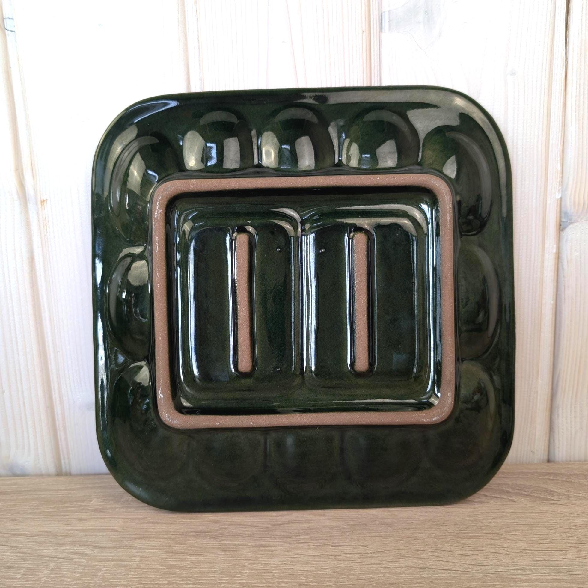 Vintage Green Ceramic Egg Tray with Rooster Salt & Pepper Shakers, Majolica Style,  1950s–1960s