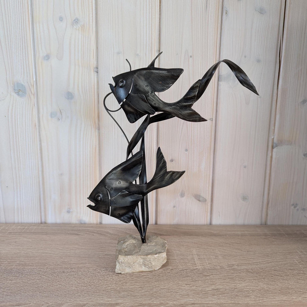 Sculpture 2 (Moon) Fishes on Stone - Vintage - Metal