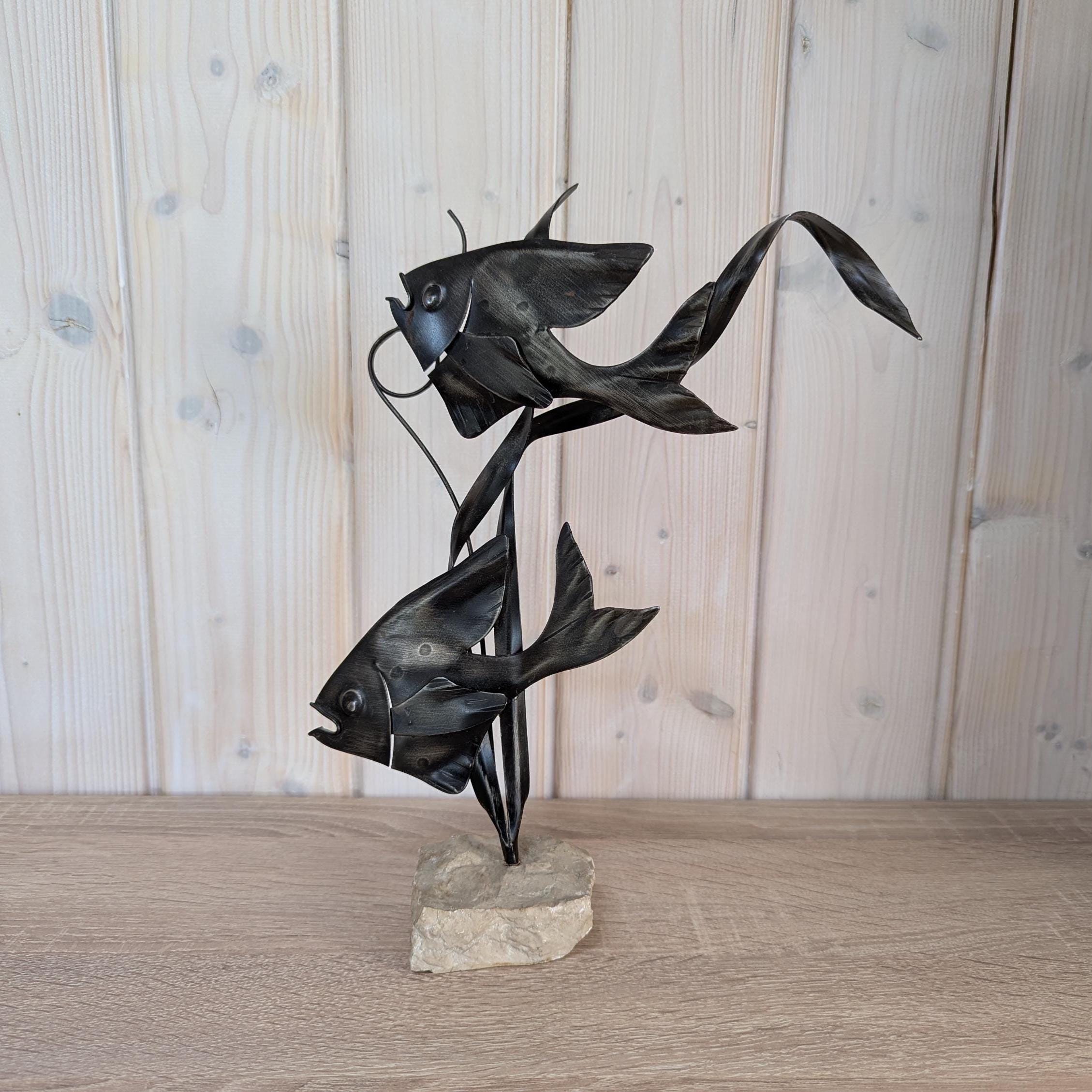 Sculpture 2 (Moon) Fishes on Stone - Vintage - Metal