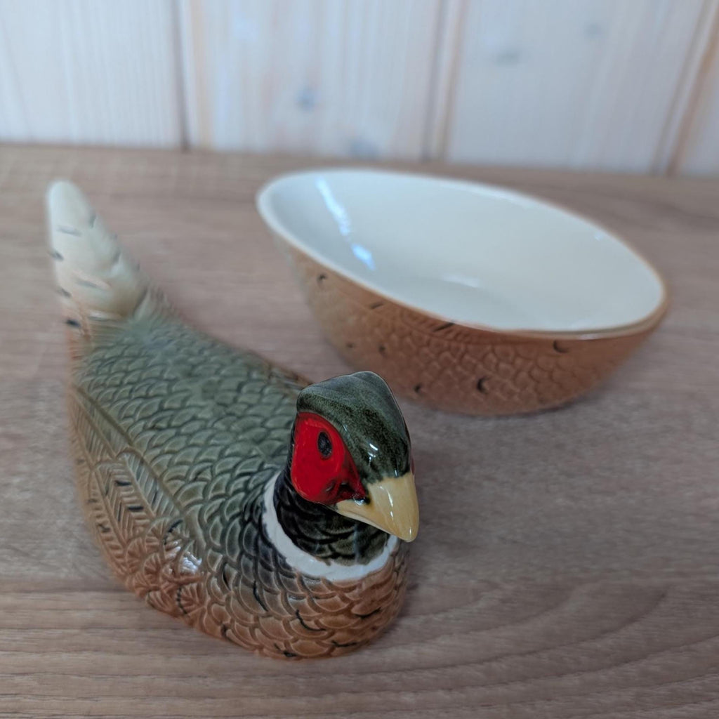 Vintage Michel Cougant Pheasant Dish, French Faience Lidded Bird Box