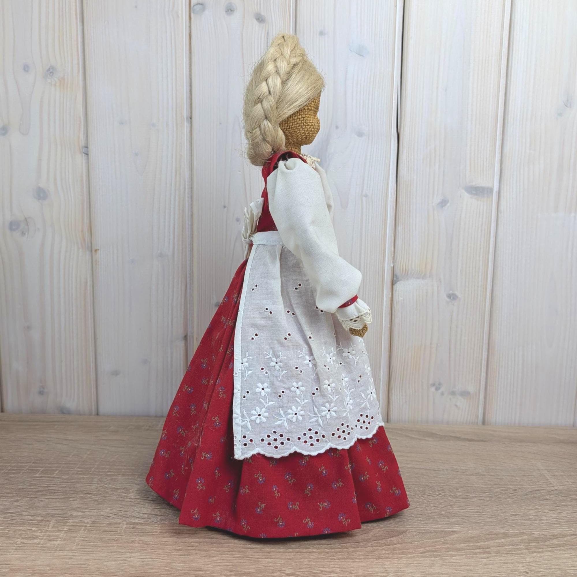 Vintage Folk Art Doll, Jute Cone Body, Red Floral Dress, Broderie Anglaise Apron, Braided Hair, 1960s, European Handmade Decorative Doll