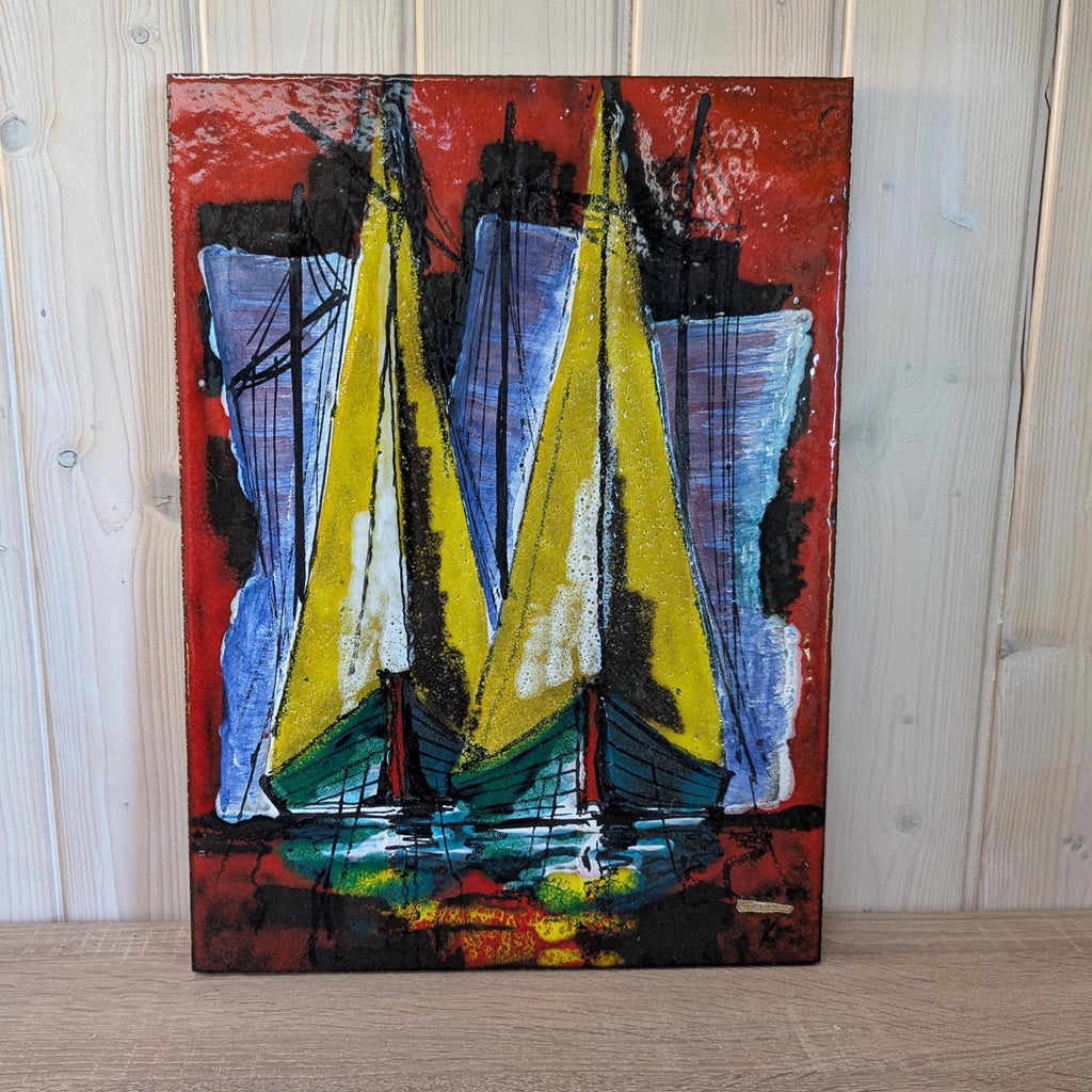 XL Ceramic Wall Plate: 1960s Heibi Sailboat Art