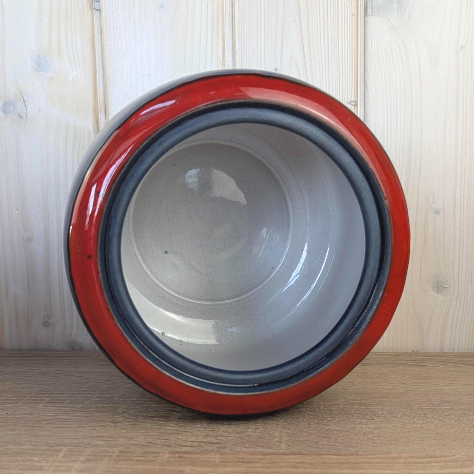 Van Daalen Pottery Ceramic Planter Vase, Navy Blue Matte Glaze, Red Rim, Model B II, 1970s West German Studio Pottery