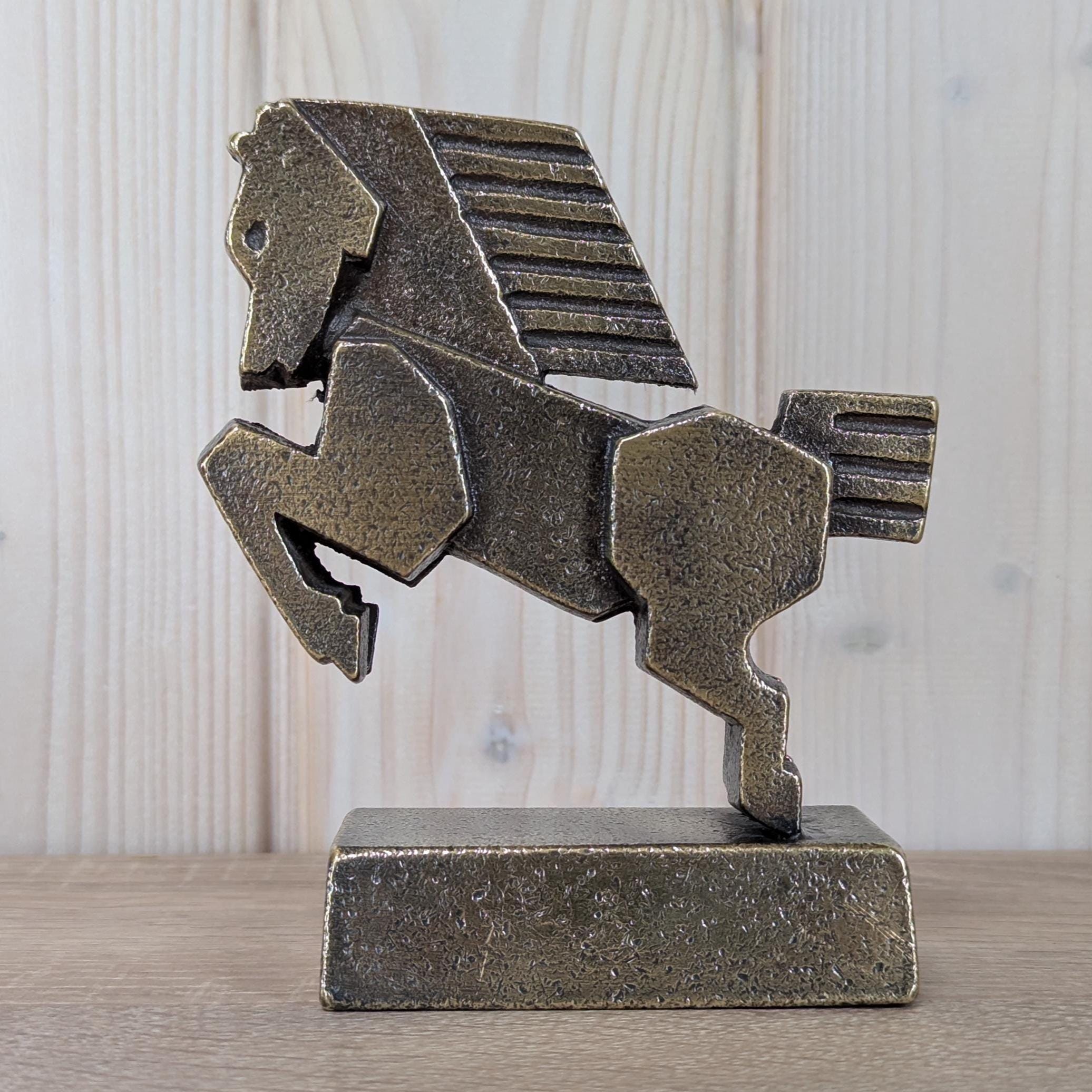 Vintage Bronze Rearing Horse Sculpture, Modernist Geometric Design, 1980s Corporate Award